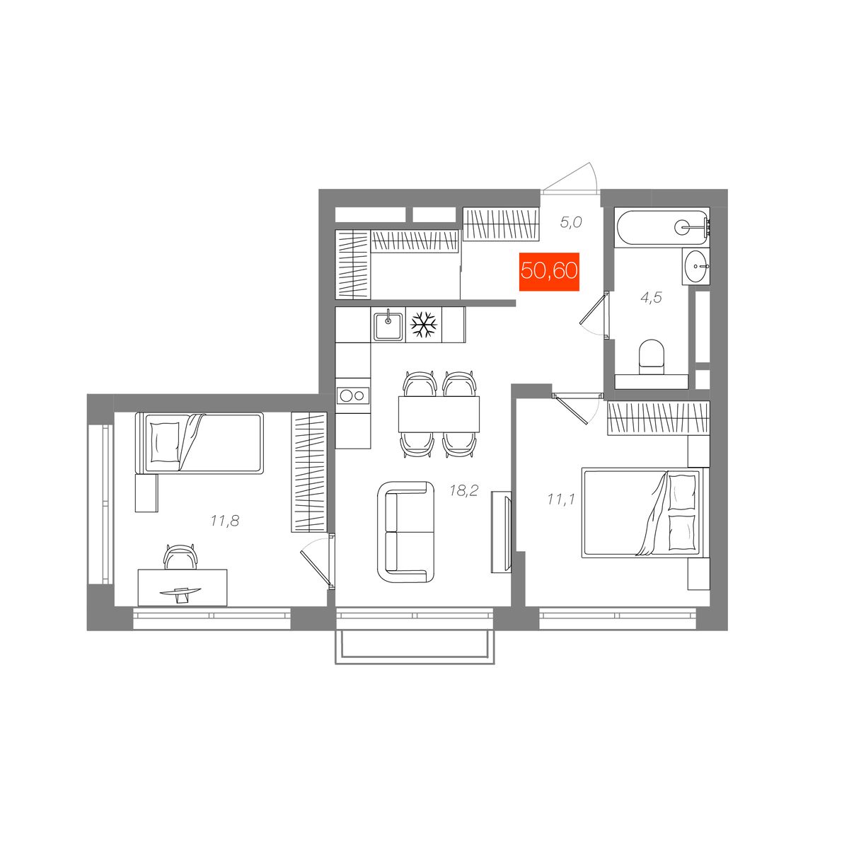 2-комнатная 50,6 м²