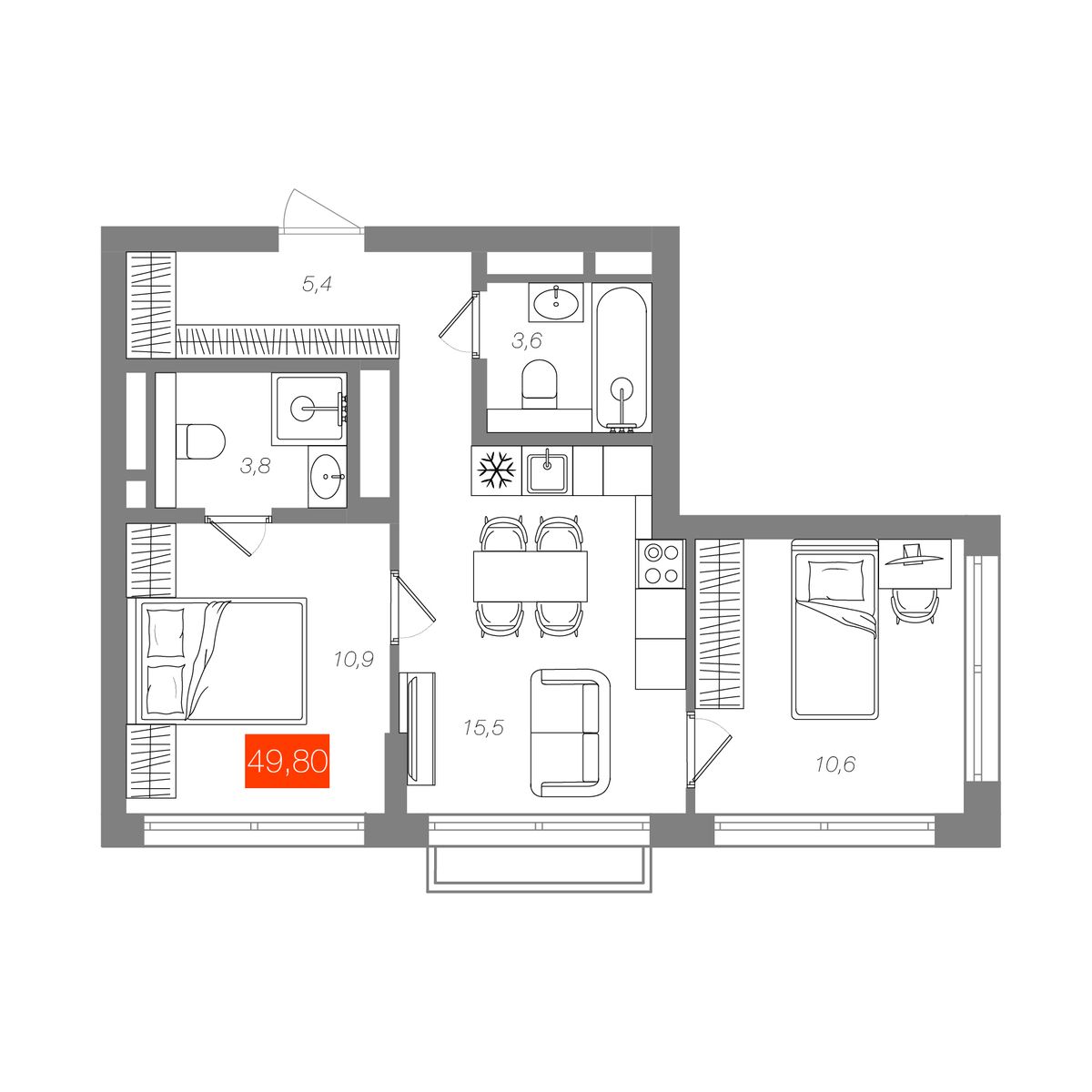 2-комнатная 49,8 м²