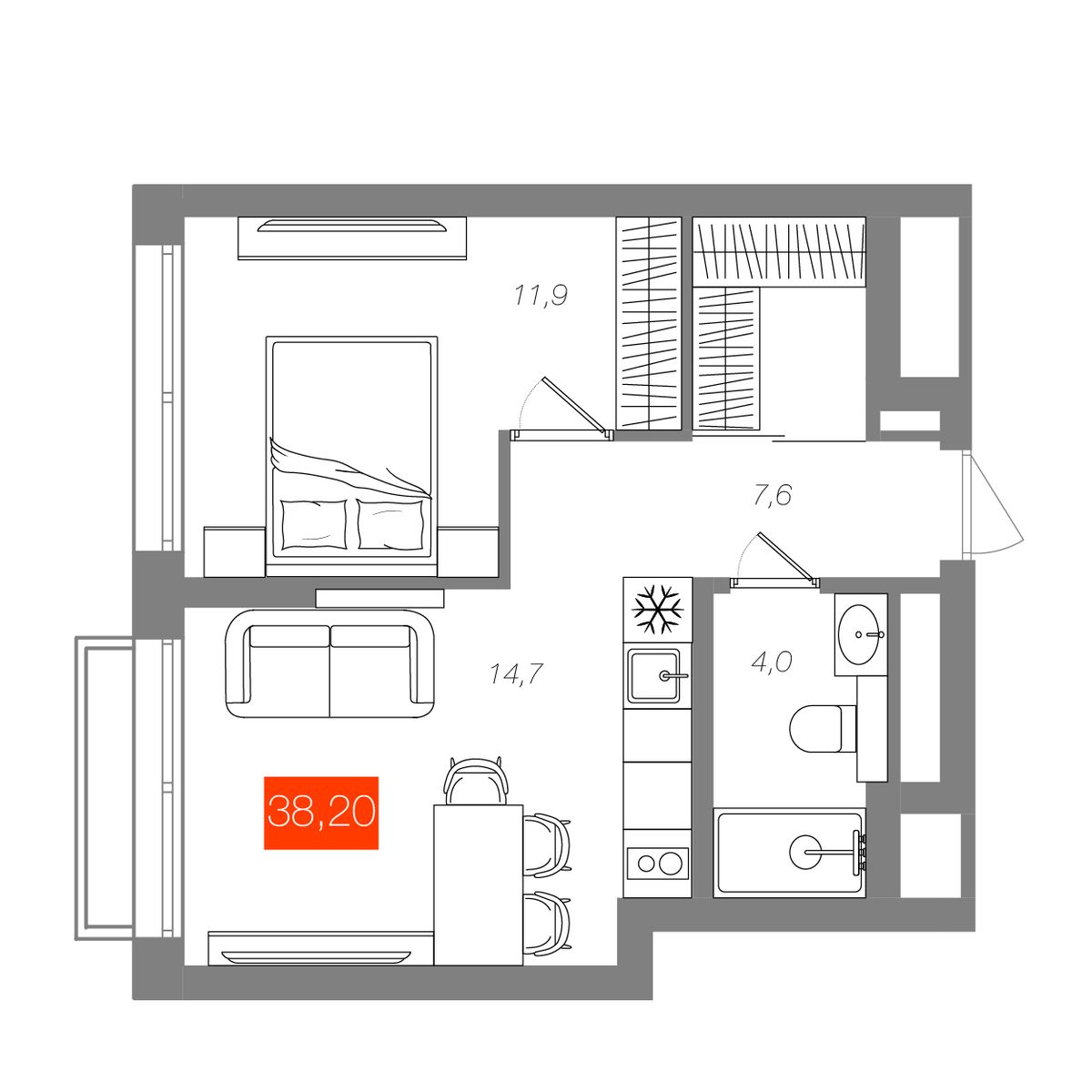 1-комнатная 38,2 м²