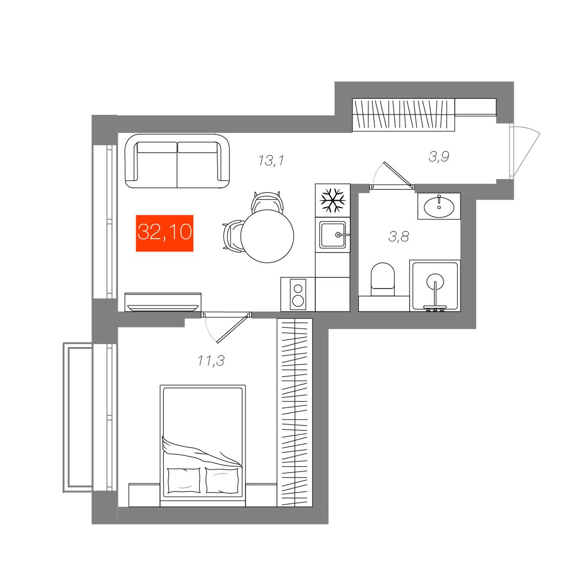 1-комнатная 32,1 м²