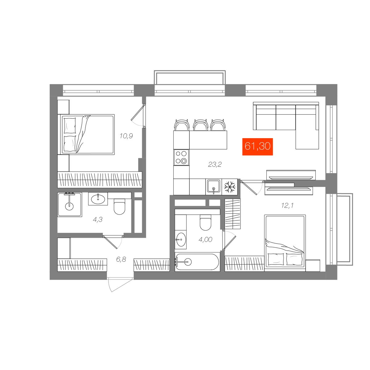 2-комнатная 61,3 м²