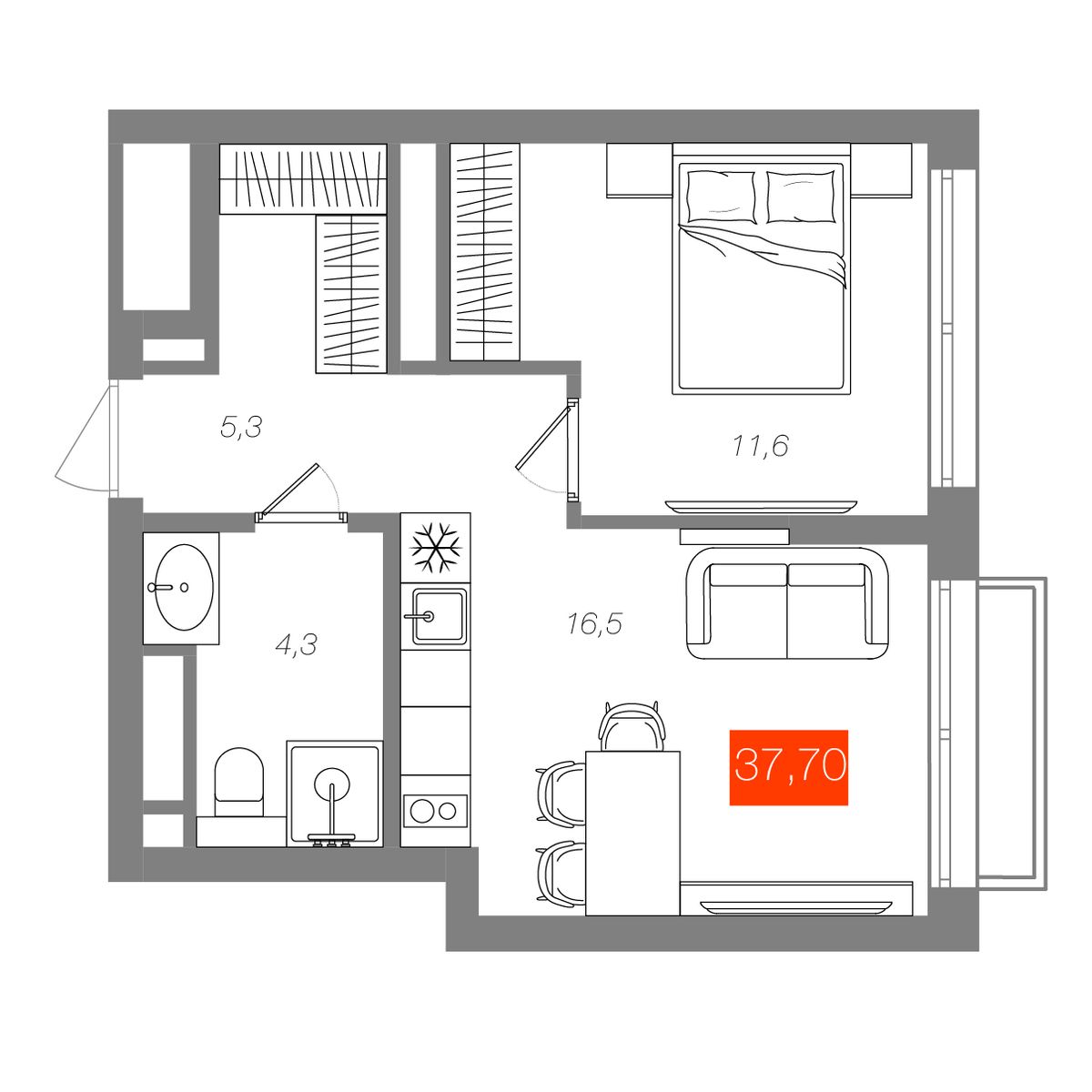 1-комнатная 37,7 м²