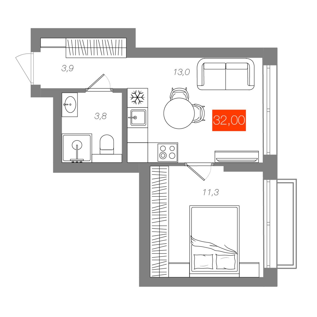 1-комнатная 32 м²