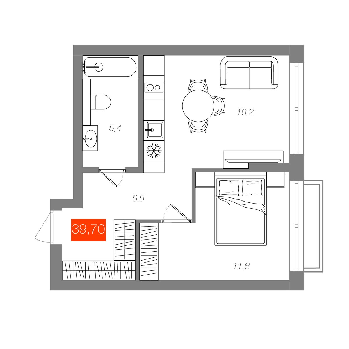 1-комнатная 39,7 м²