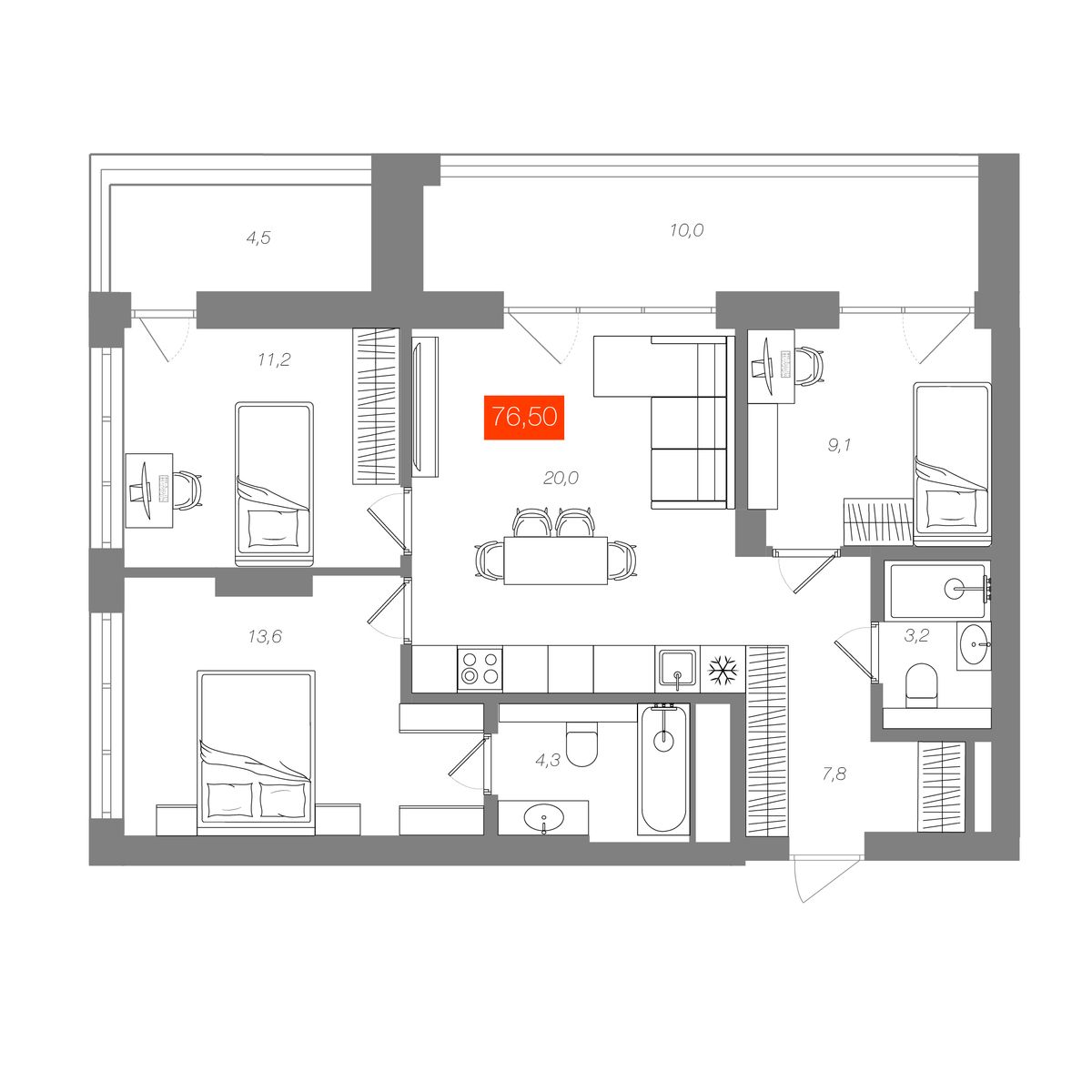3-комнатная 76,5 м²