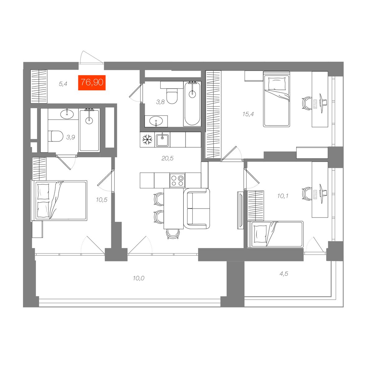 3-комнатная 76,9 м²
