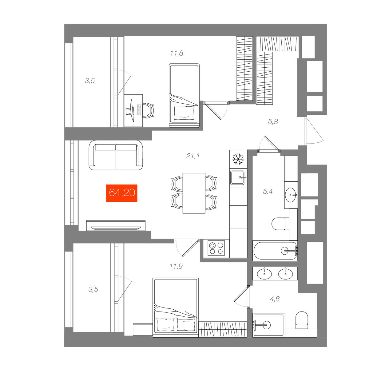 2-комнатная 64,2 м²