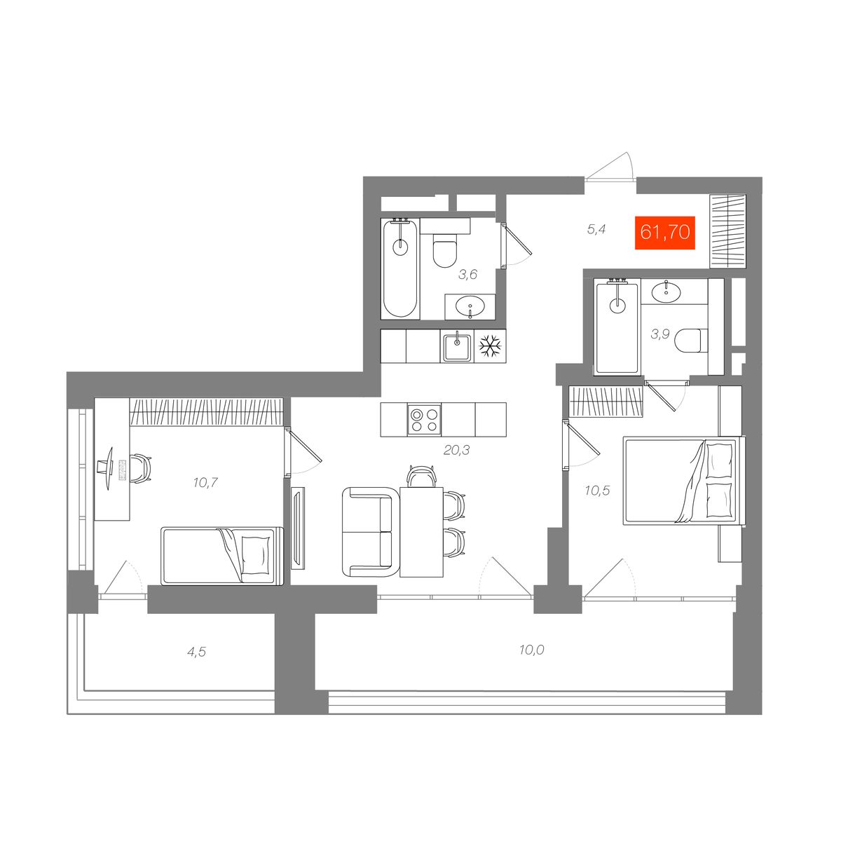 2-комнатная 61,7 м²