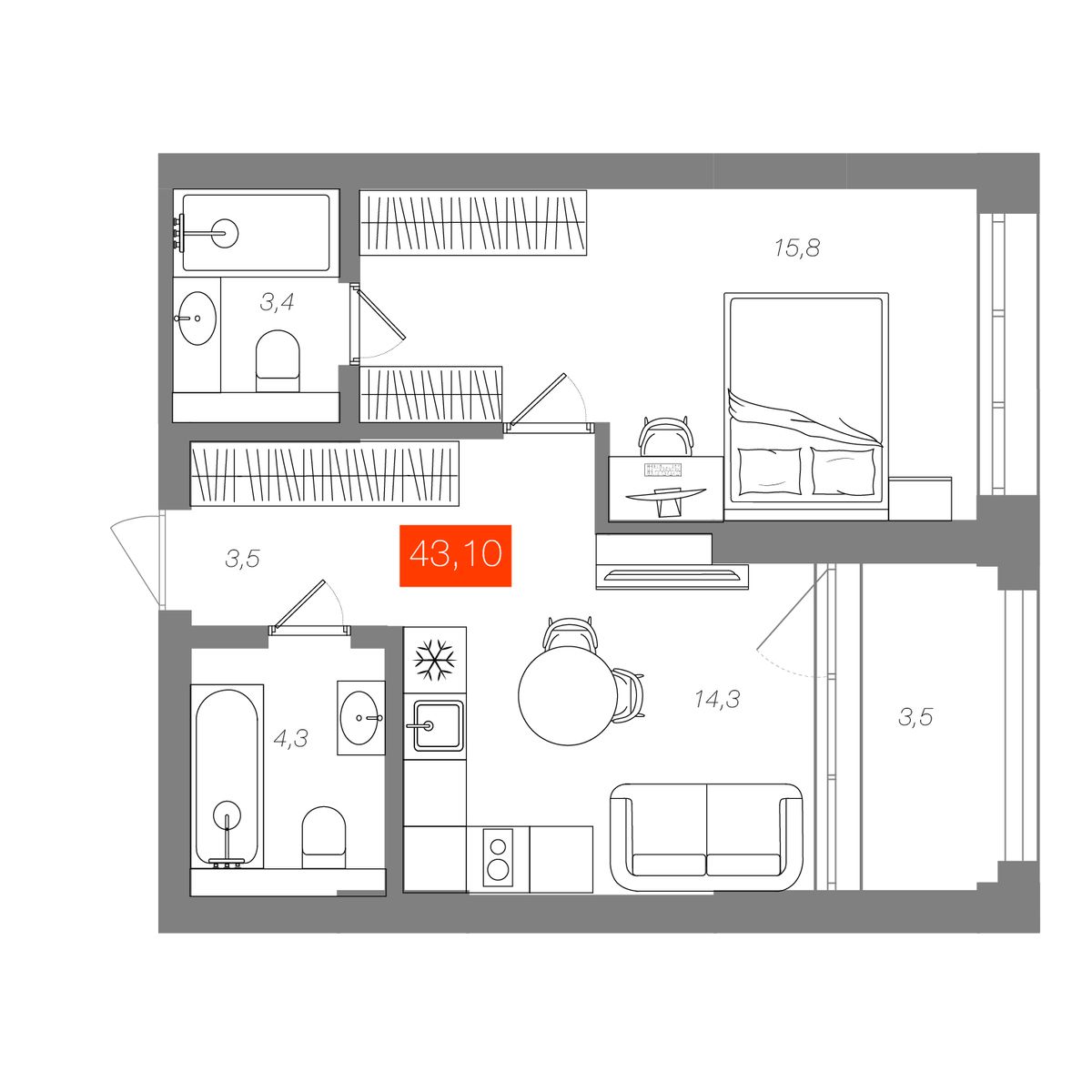 1-комнатная 43,1 м²