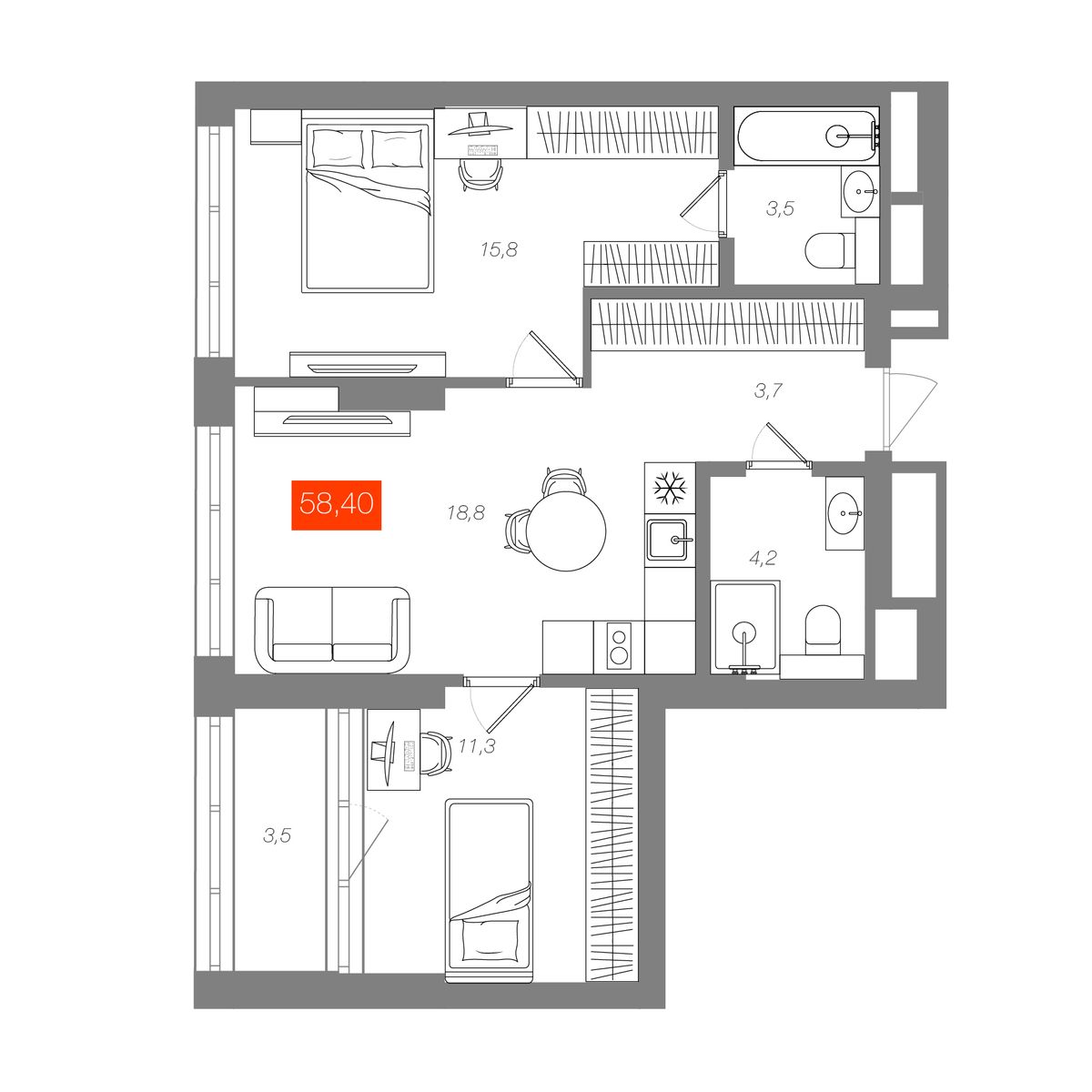 2-комнатная 58,4 м²