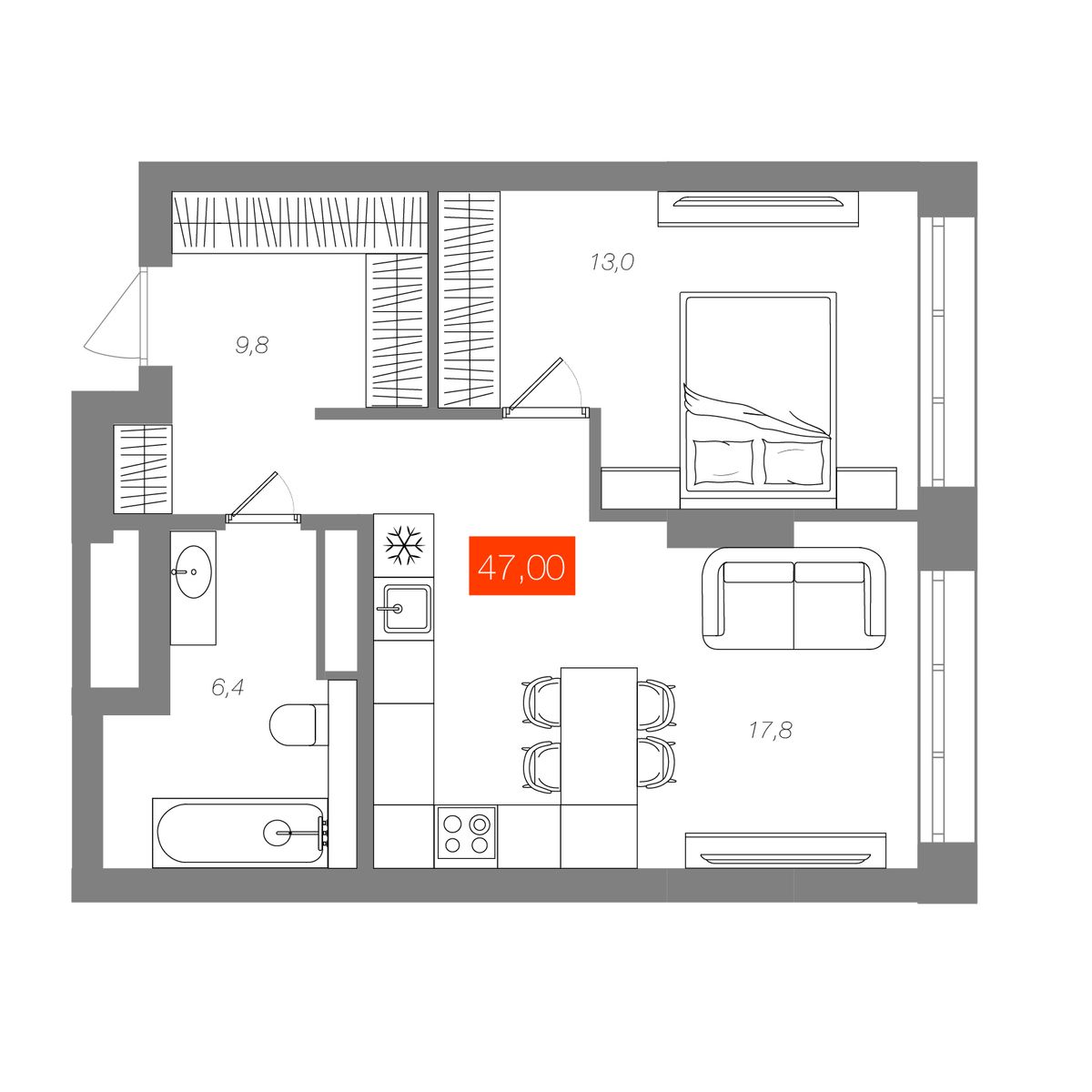 1-комнатная 47 м²