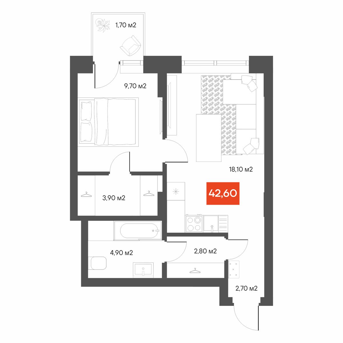 1-комнатная 42,6 м²