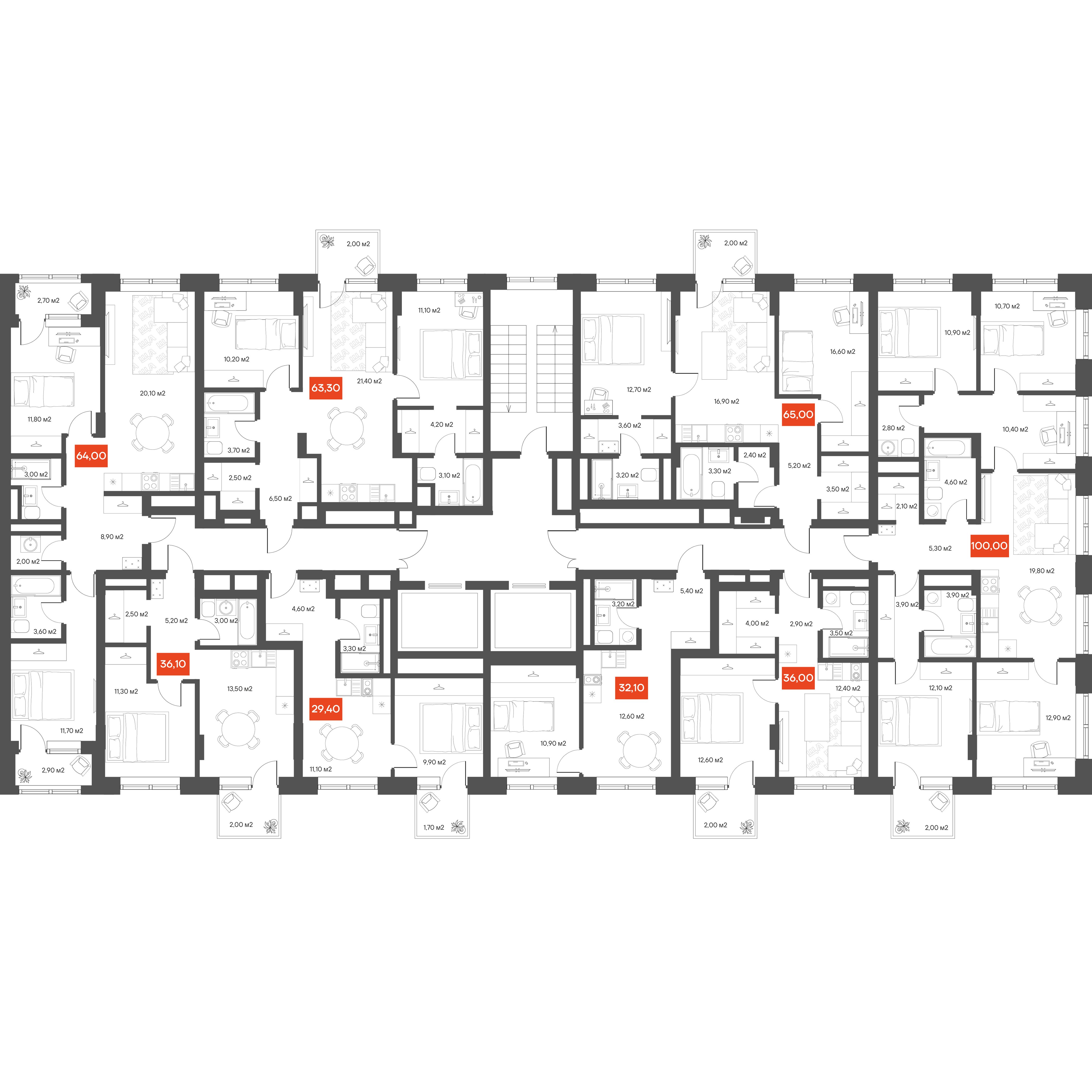 4-комнатная 100 м²
