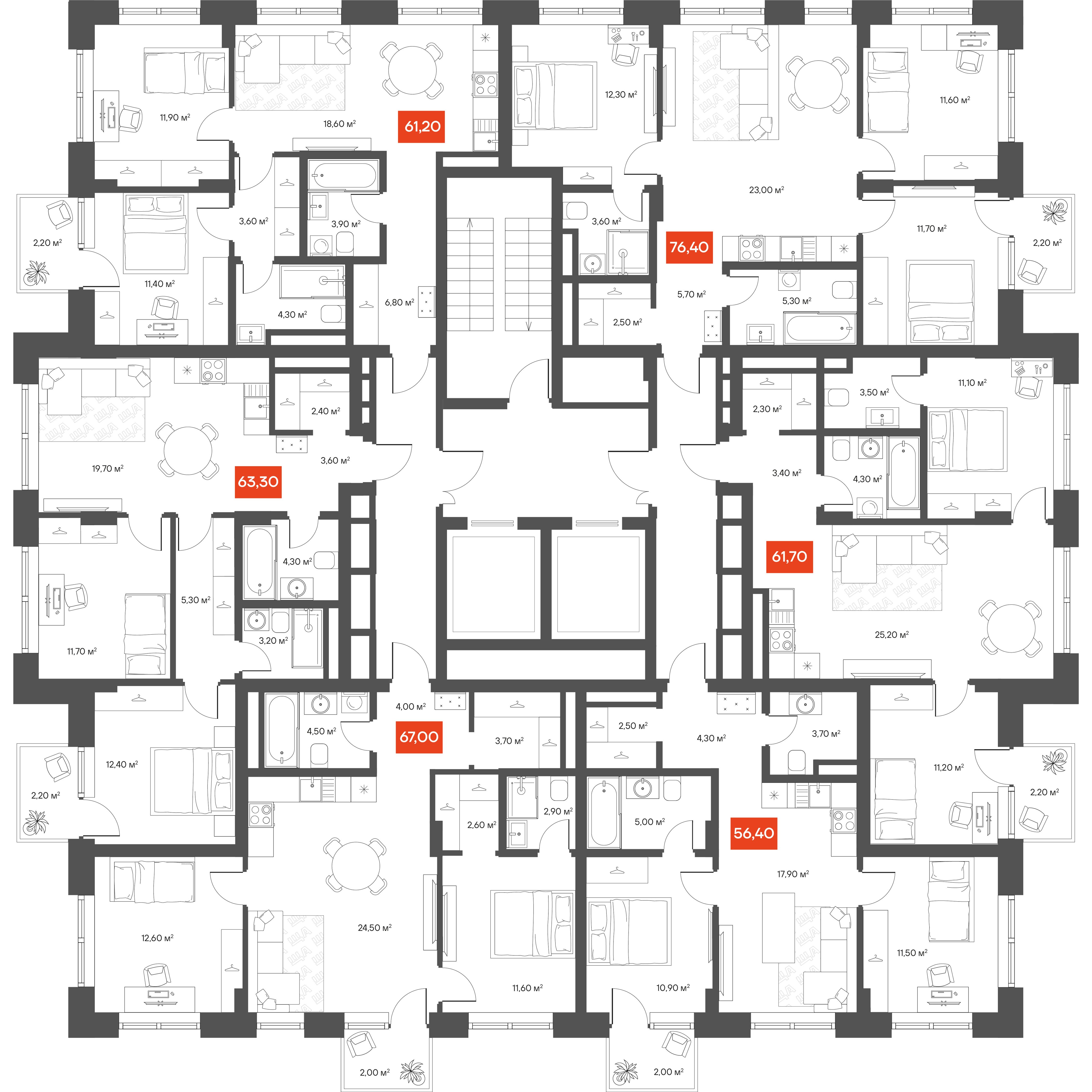 2-комнатная 61,2 м²