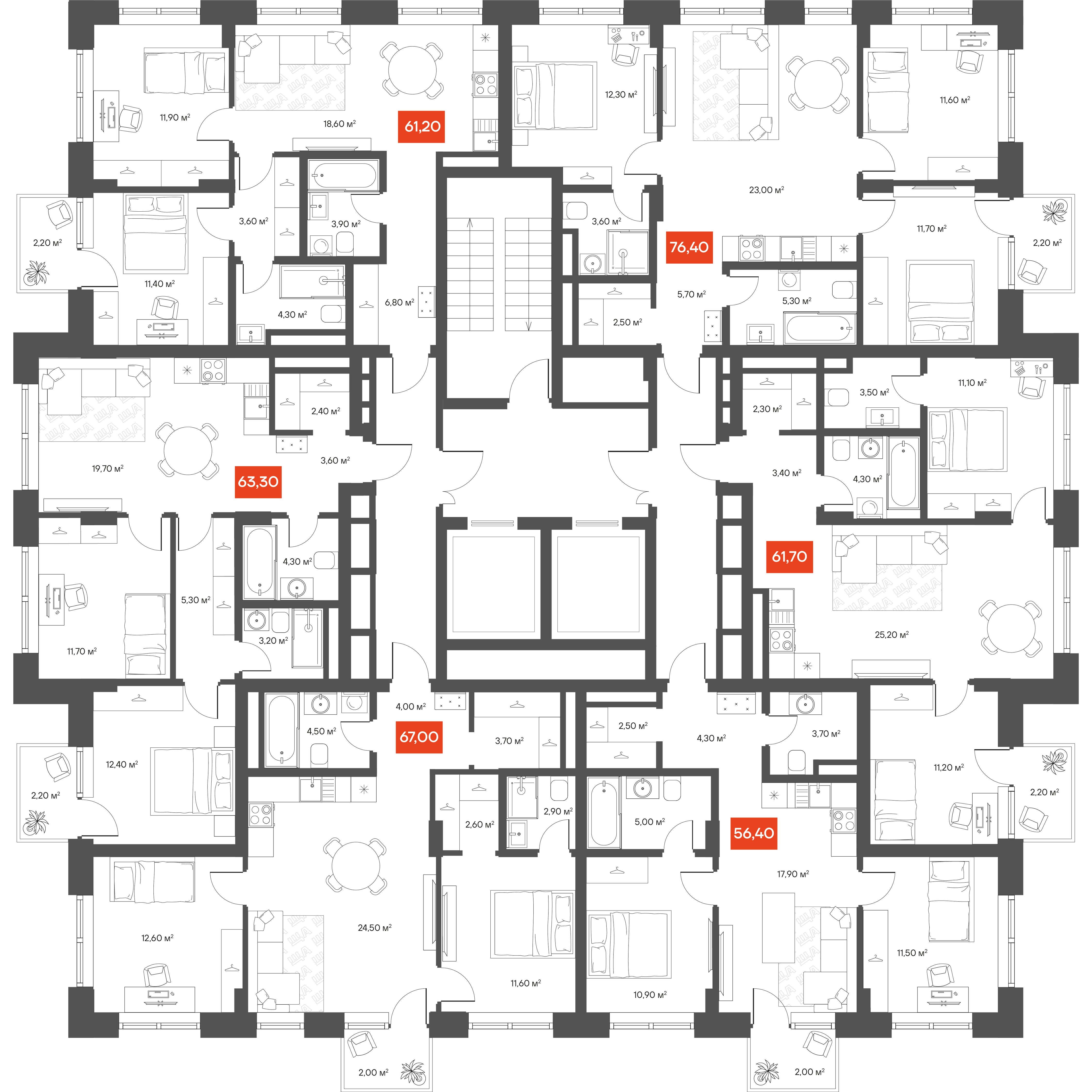 2-комнатная 61,7 м²