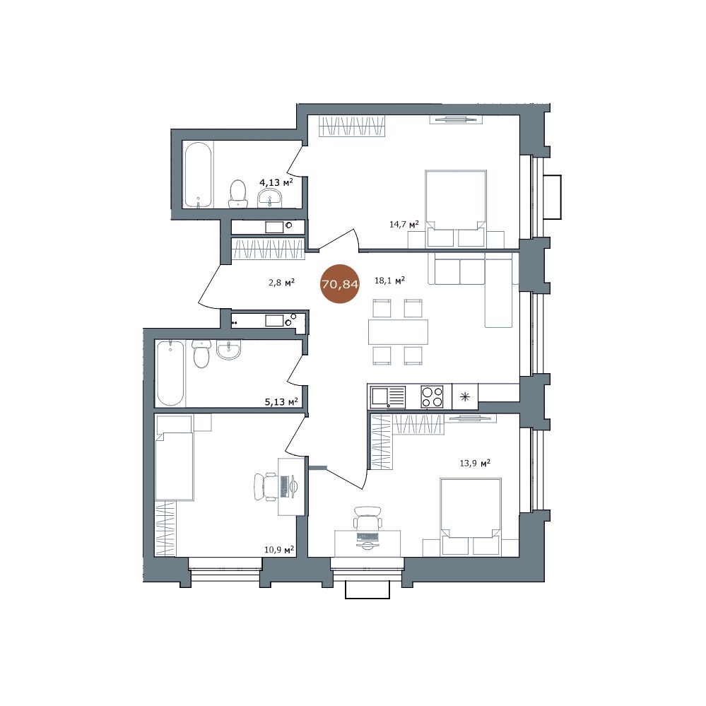 3-комнатная 69,7 м²