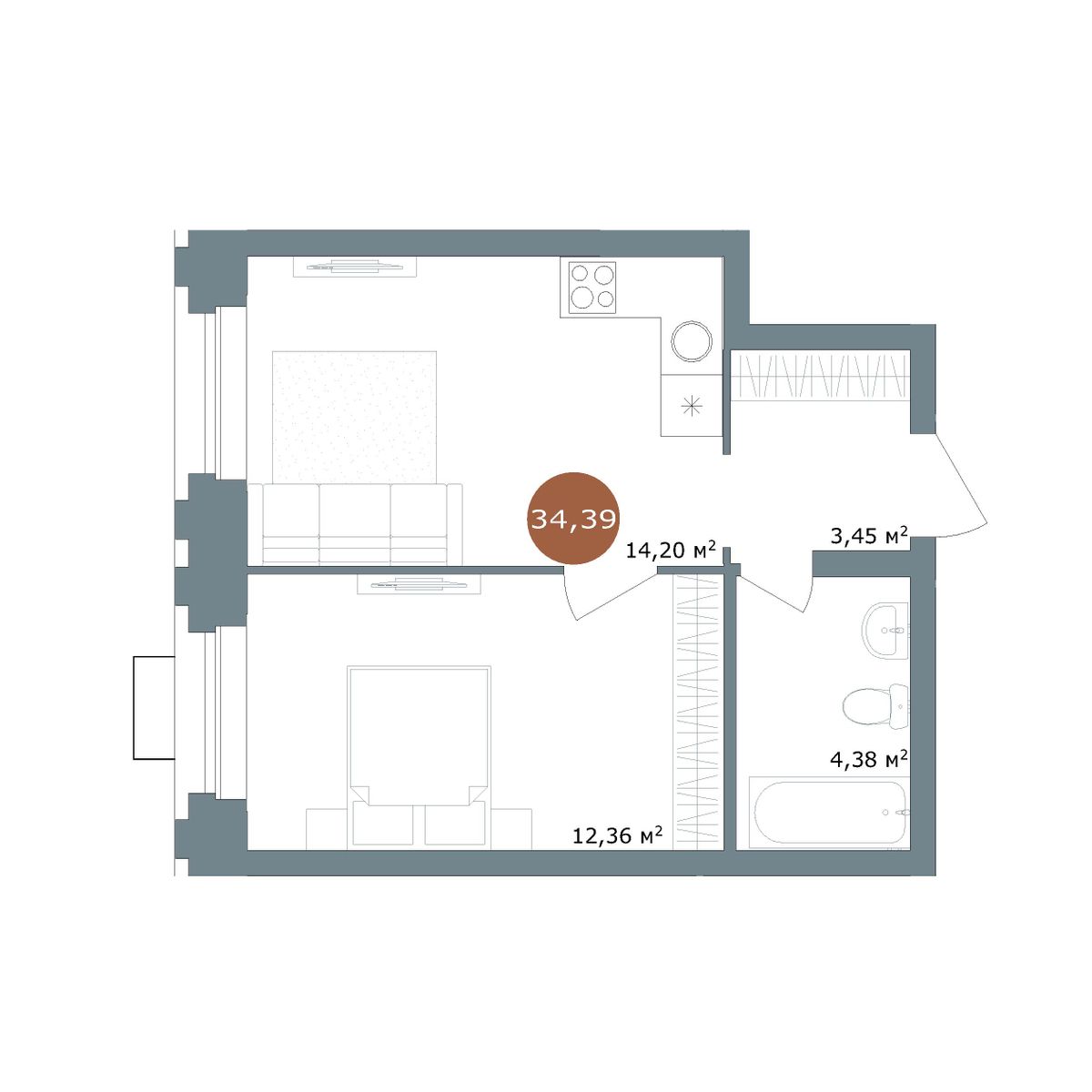 1-комнатная 34 м²
