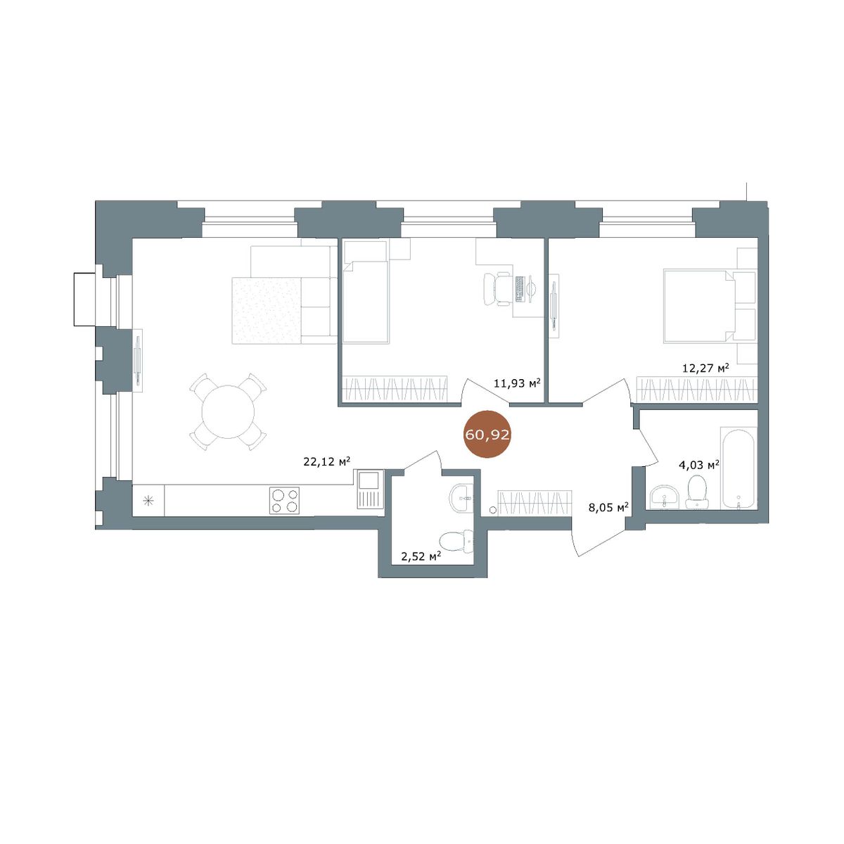 2-комнатная 60,3 м²