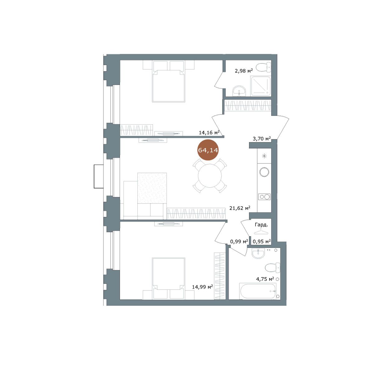 2-комнатная 63,7 м²