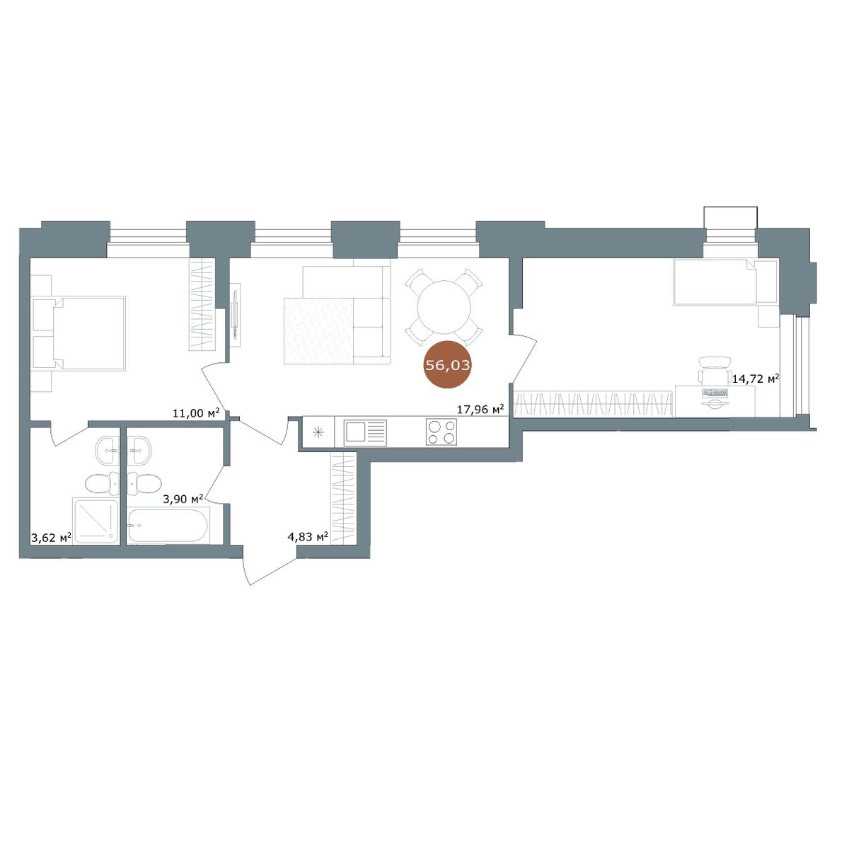 2-комнатная 56 м²