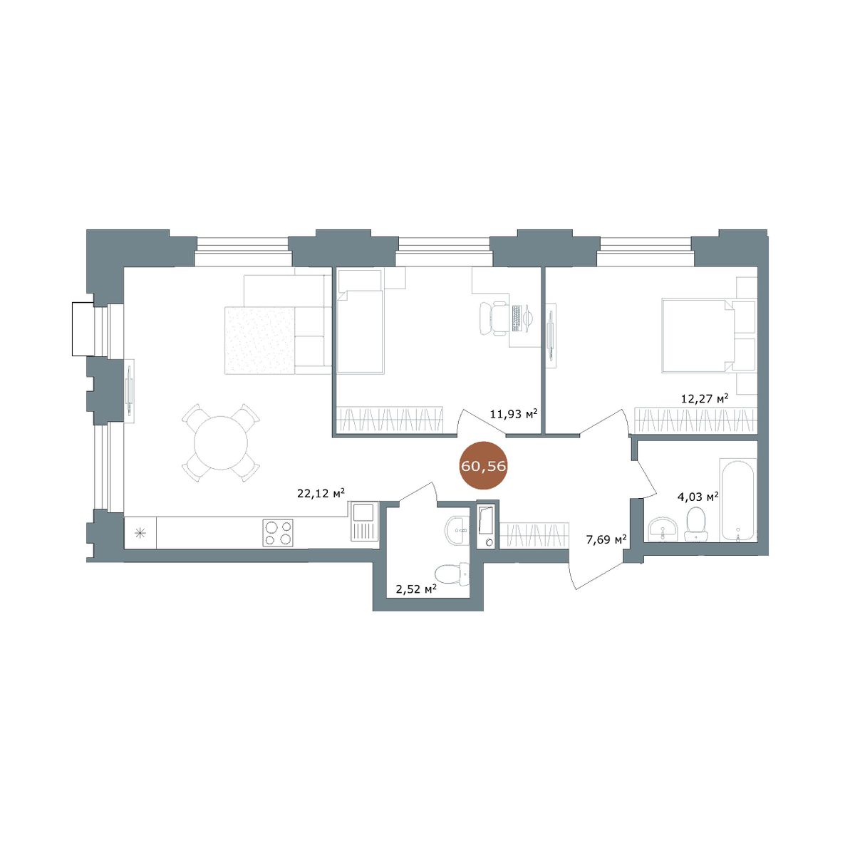 2-комнатная 60,3 м²