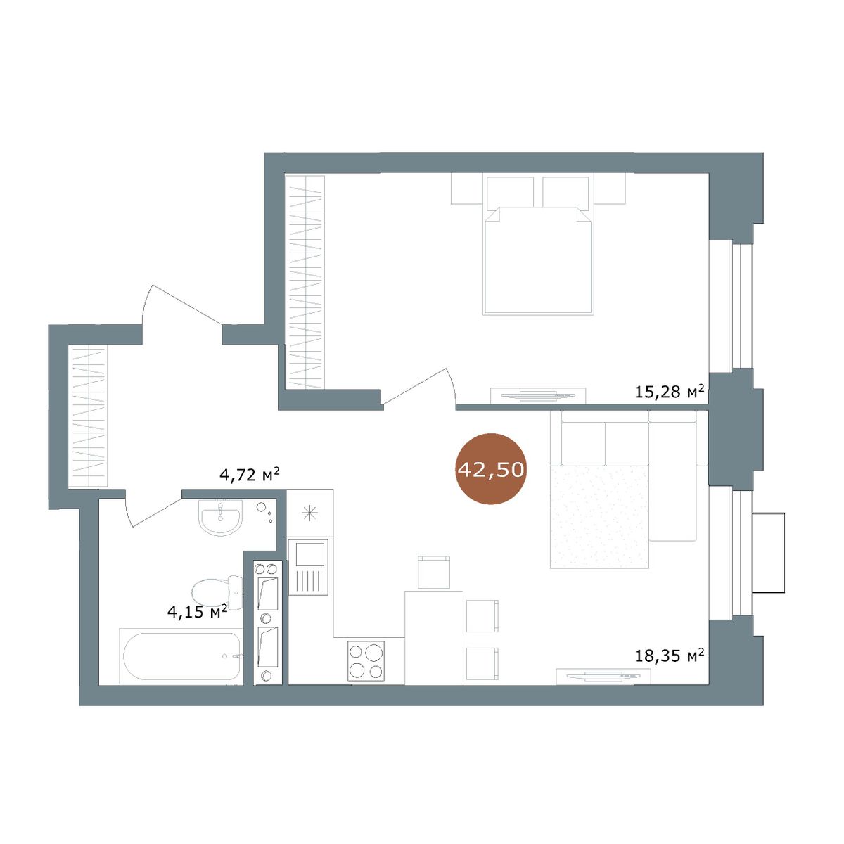 1-комнатная 42,8 м²
