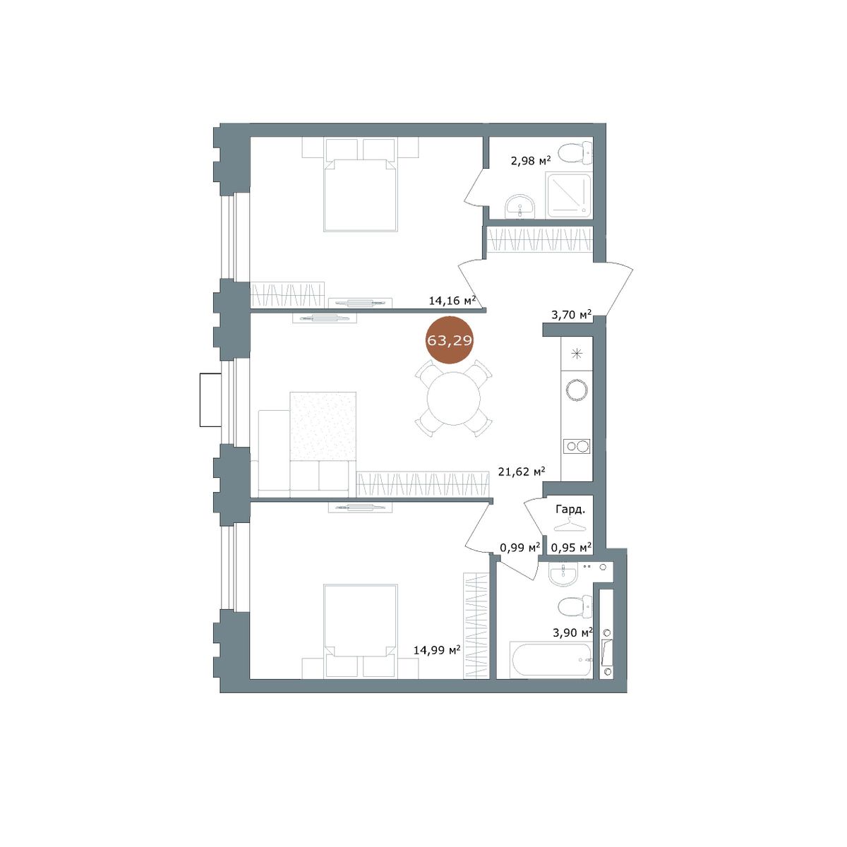 2-комнатная 63 м²