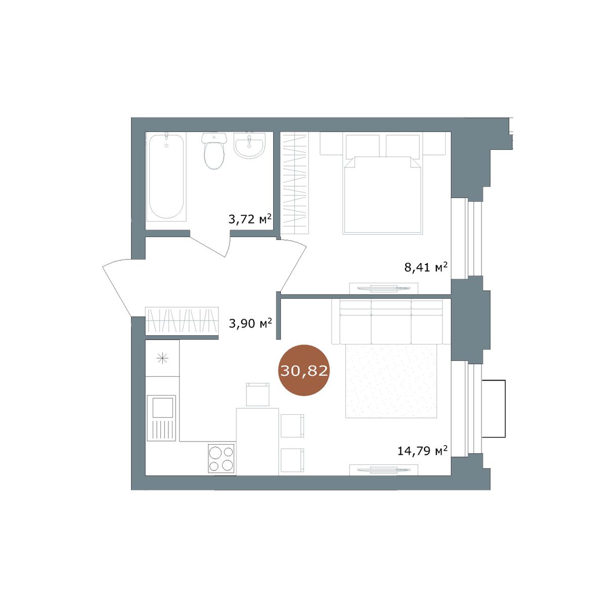 Планировка 1-комнатная 30,7 м²