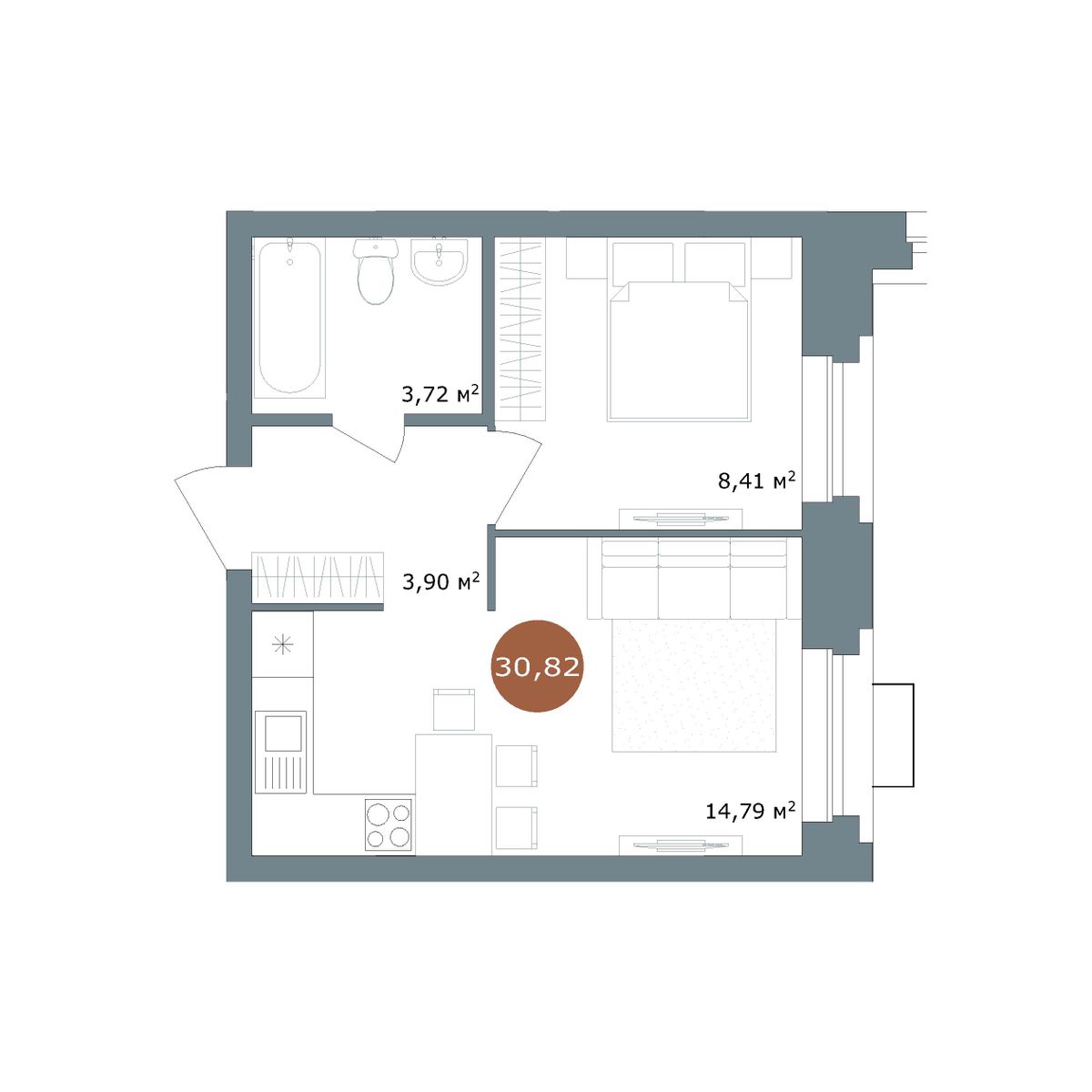 Планировка 1-комнатная 30,7 м²