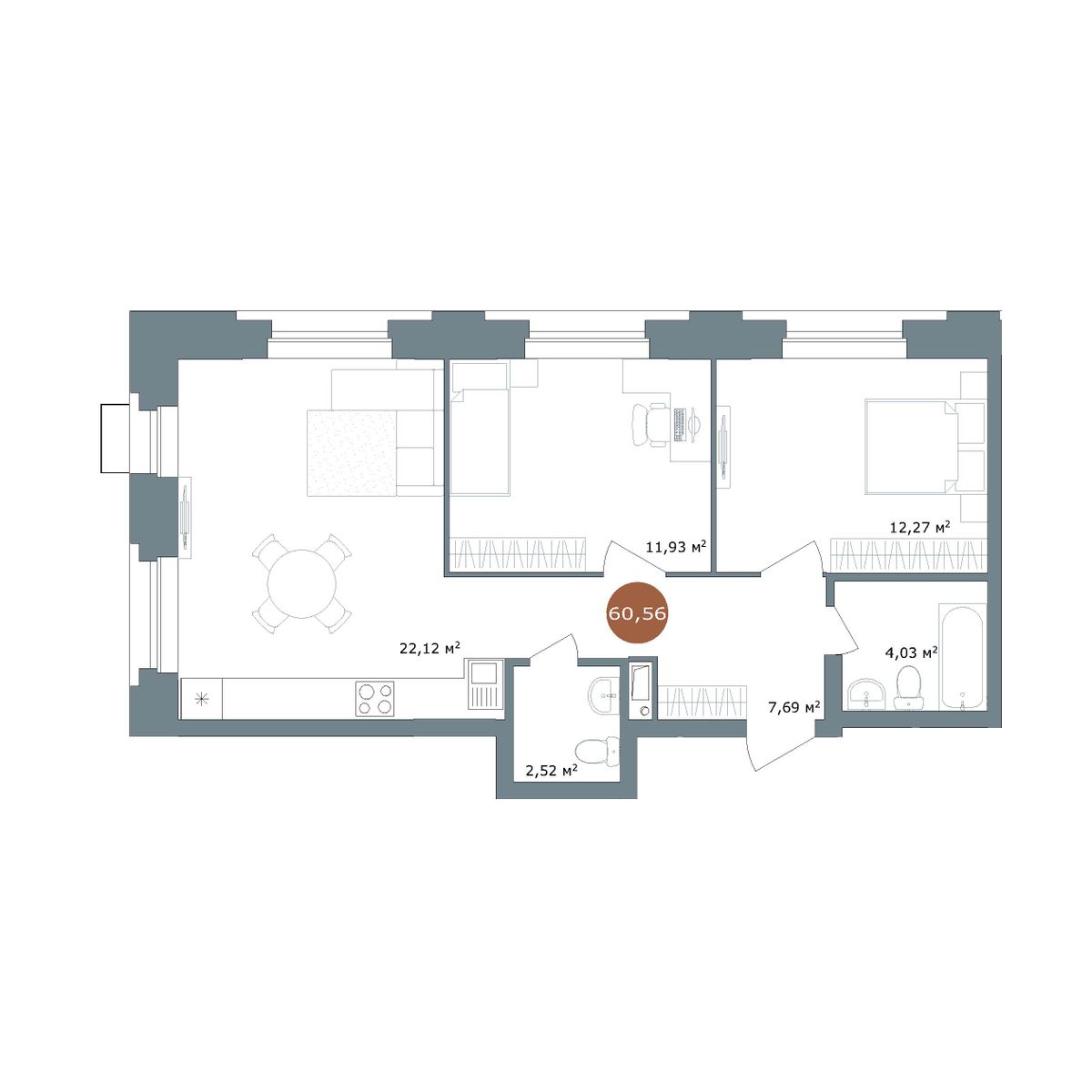 2-комнатная 60,3 м²