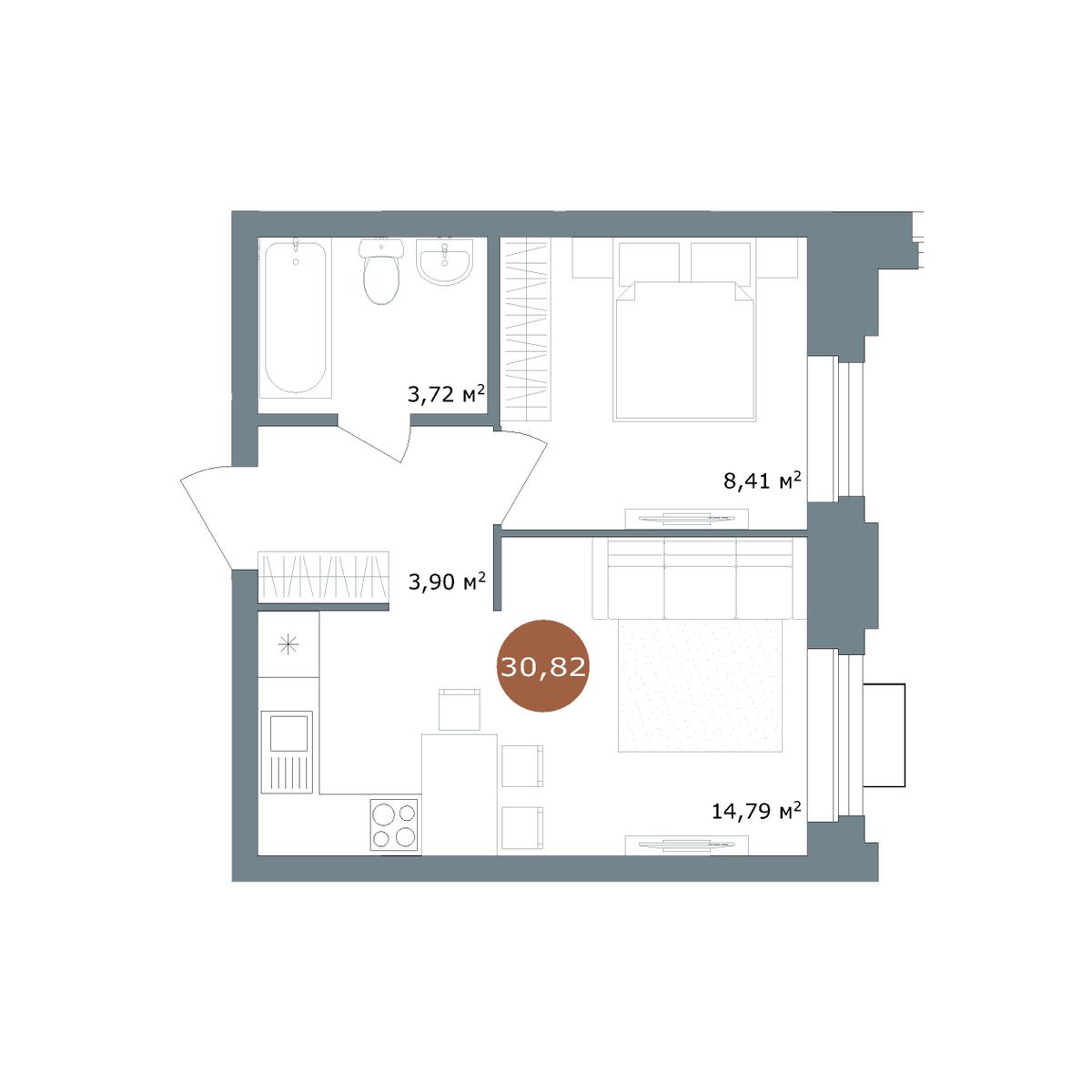 1-комнатная 30,7 м²