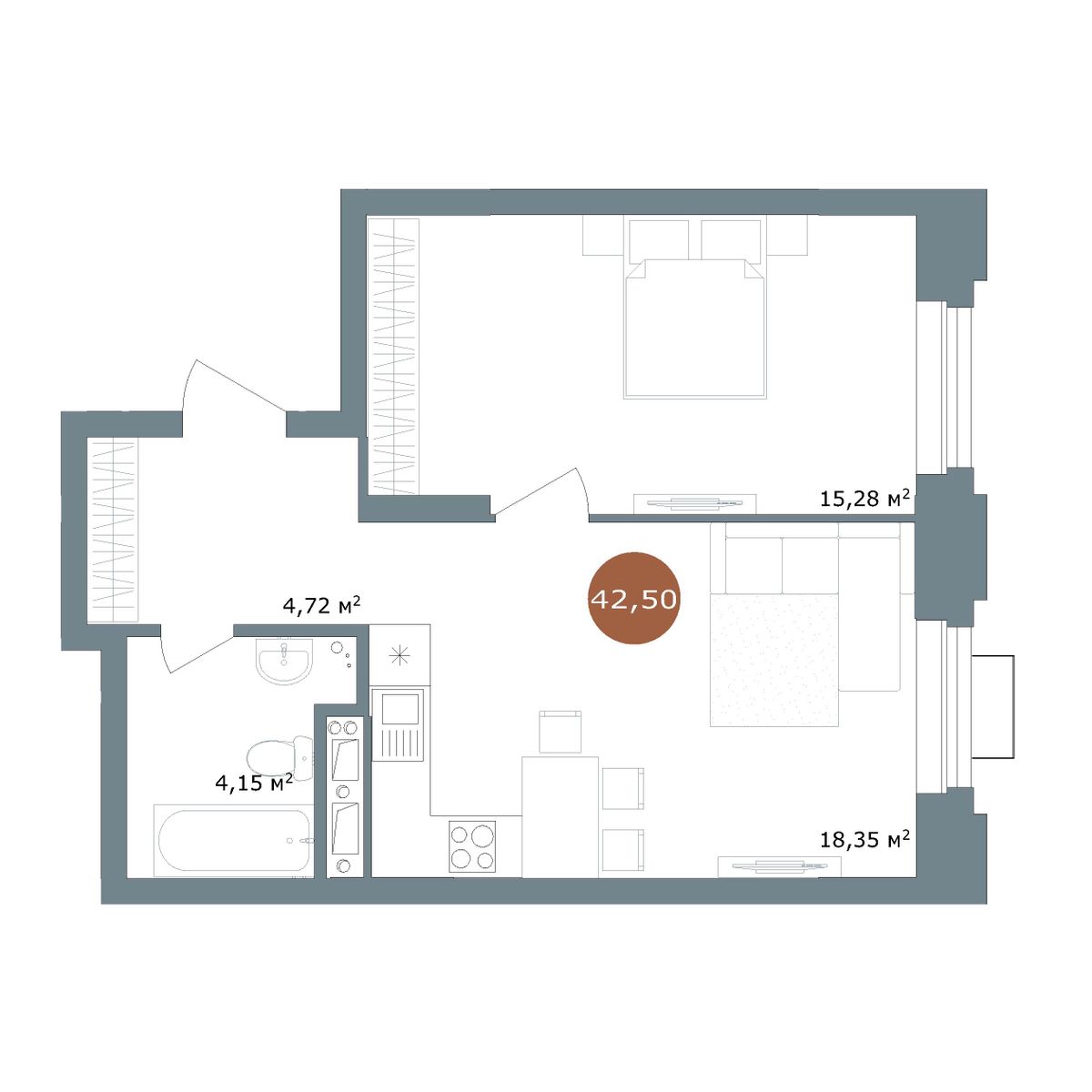 1-комнатная 42,8 м²