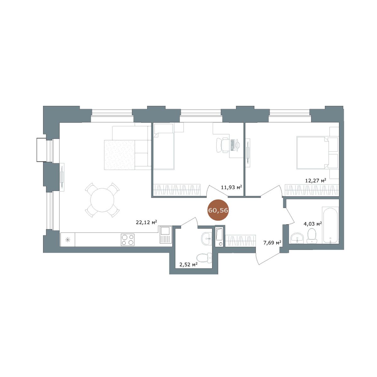 2-комнатная 60,3 м²