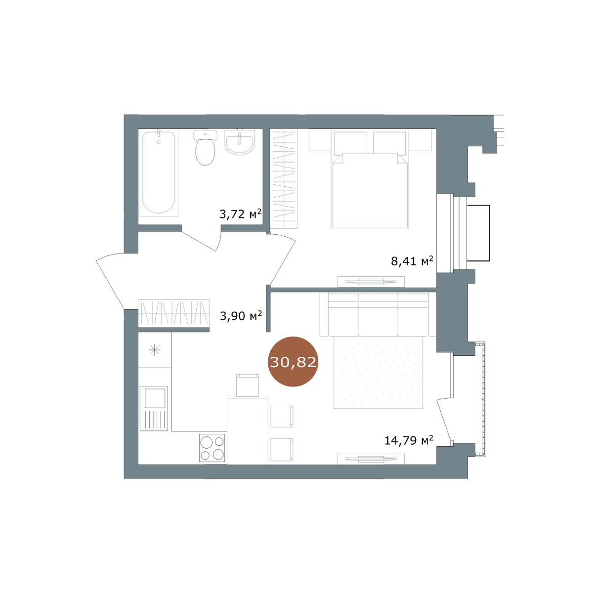 1-комнатная 30,7 м²