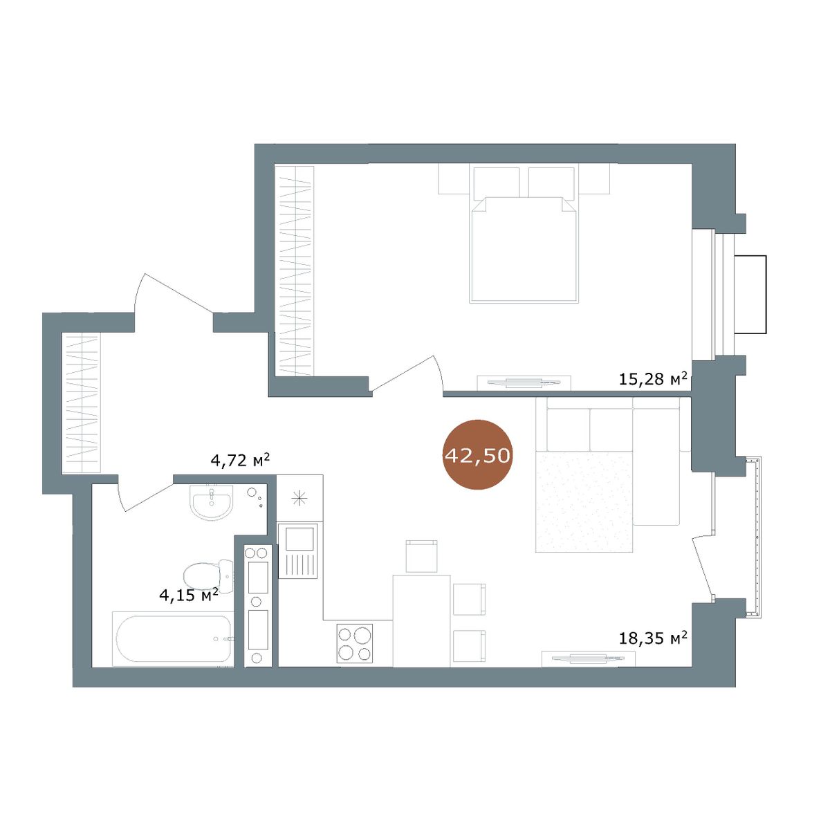 1-комнатная 42,8 м²