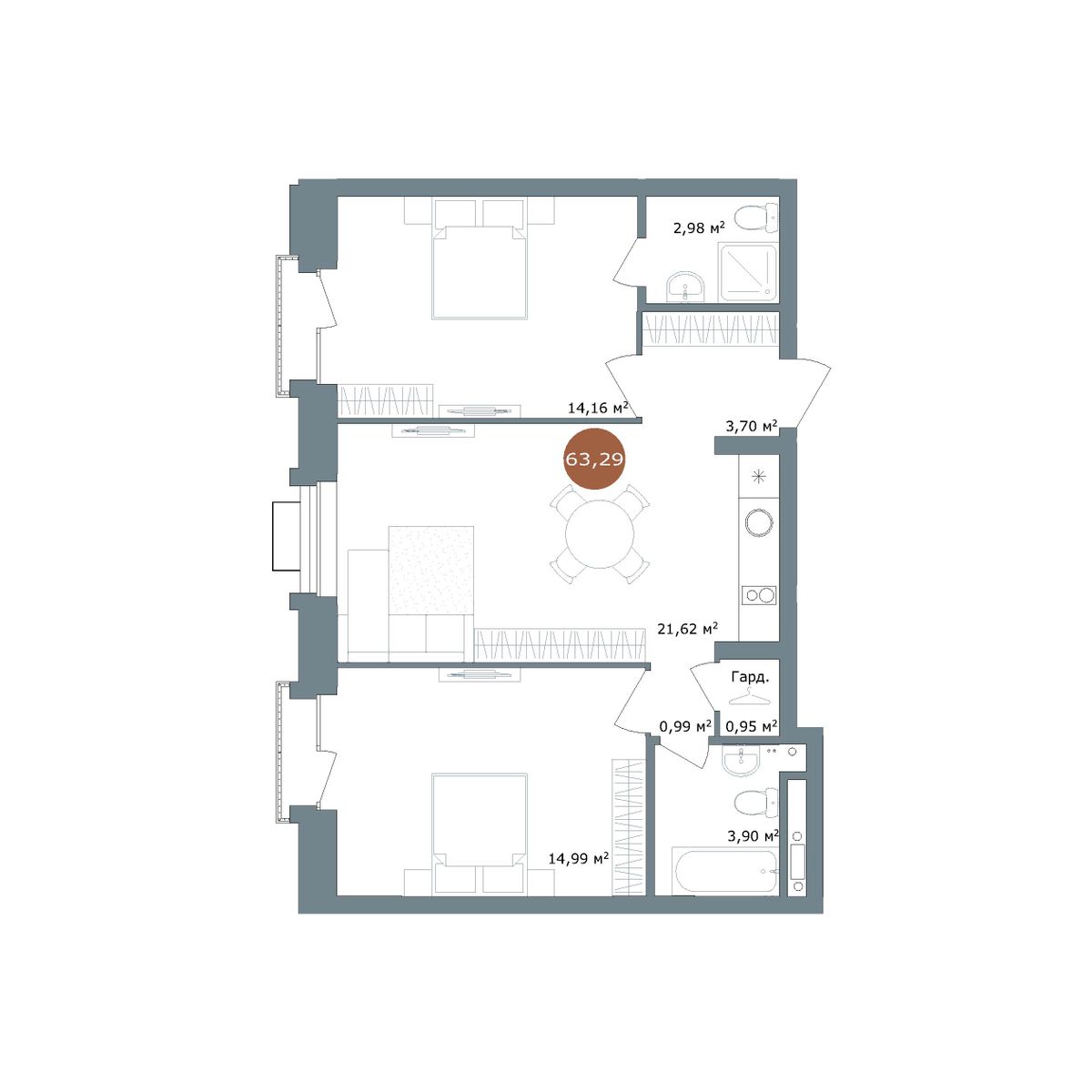 2-комнатная 63 м²