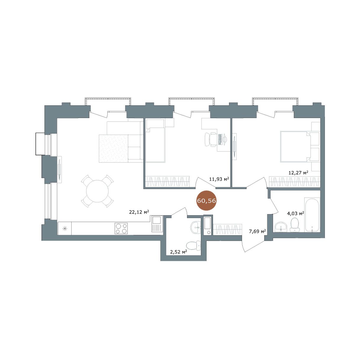 2-комнатная 60,3 м²