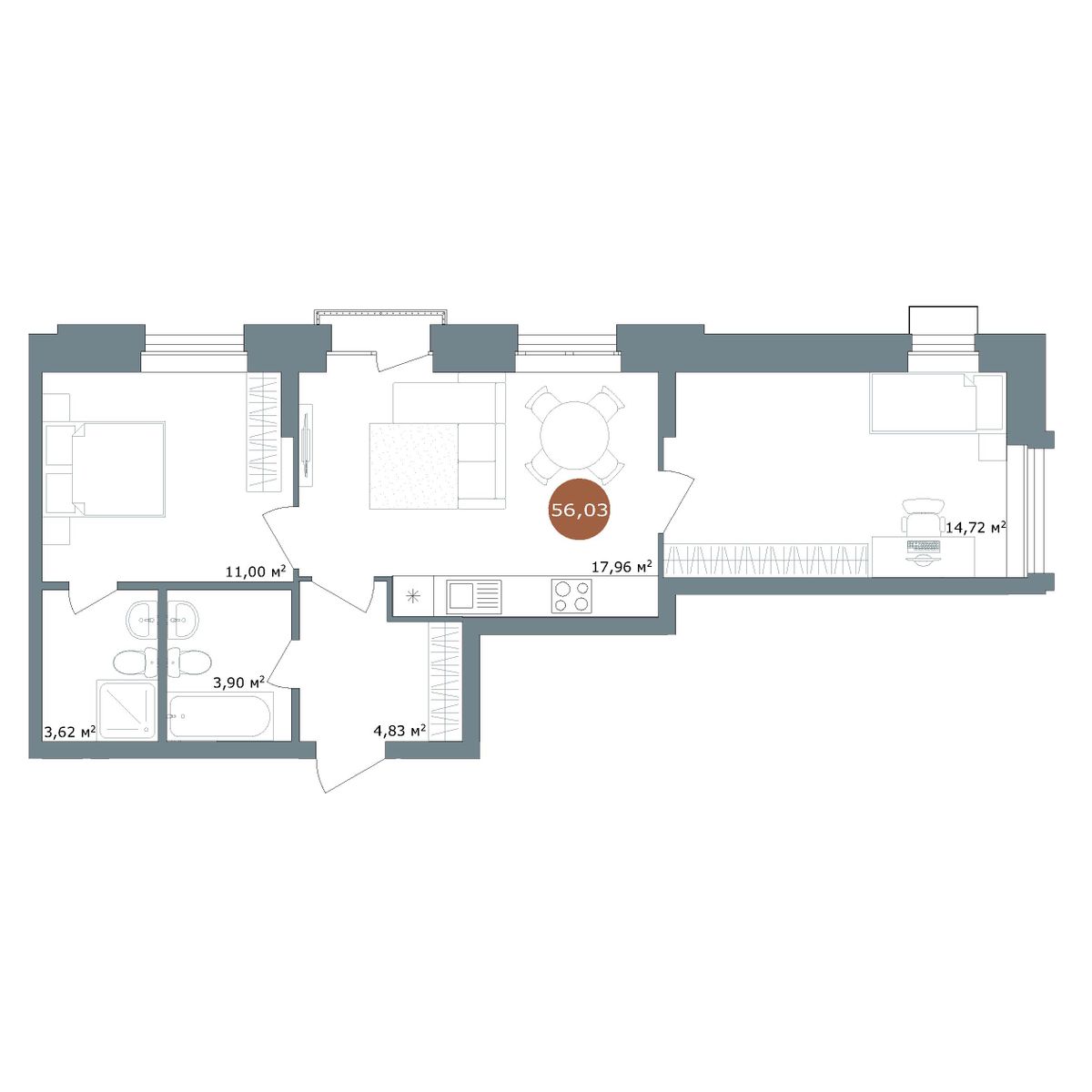 2-комнатная 56 м²