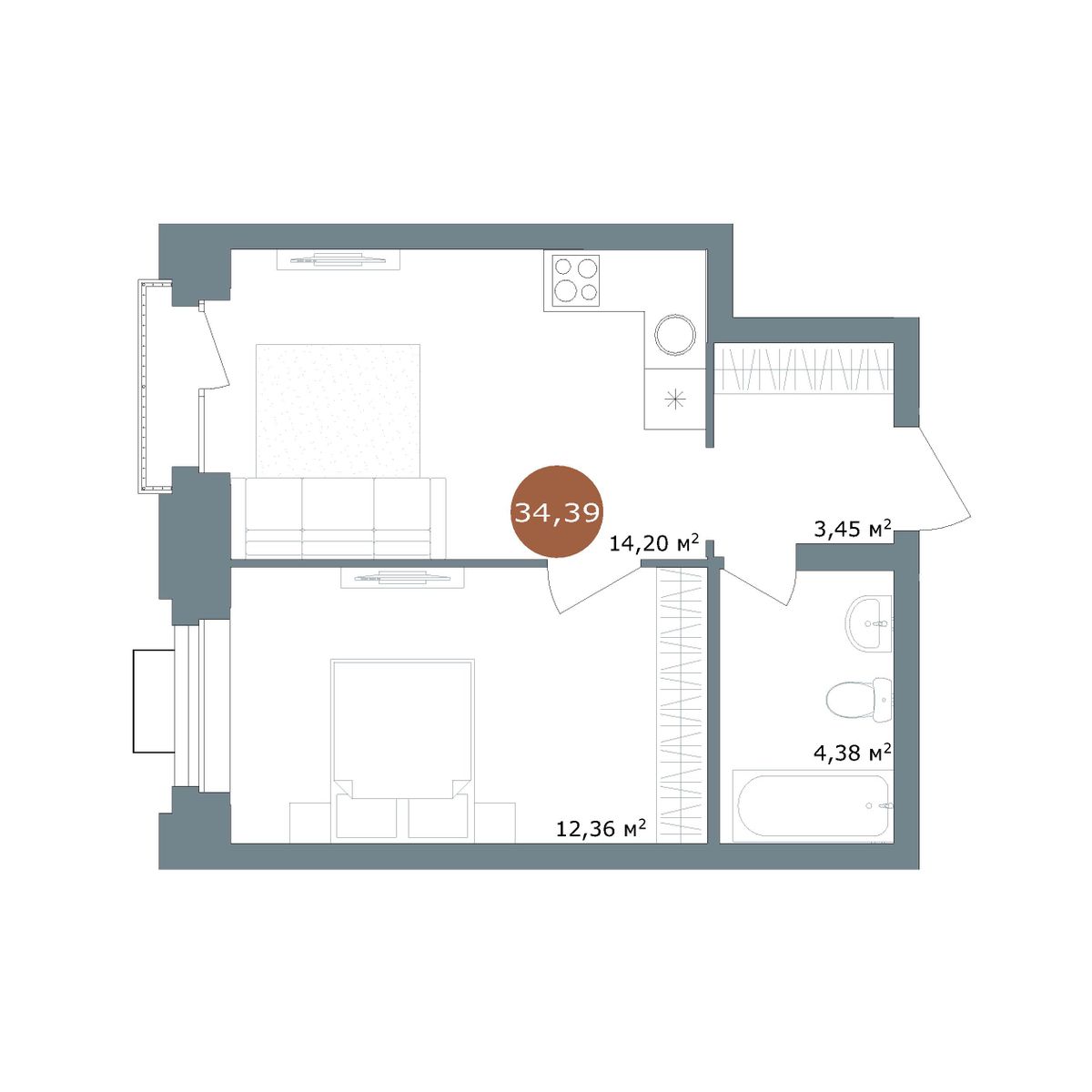 1-комнатная 34 м²