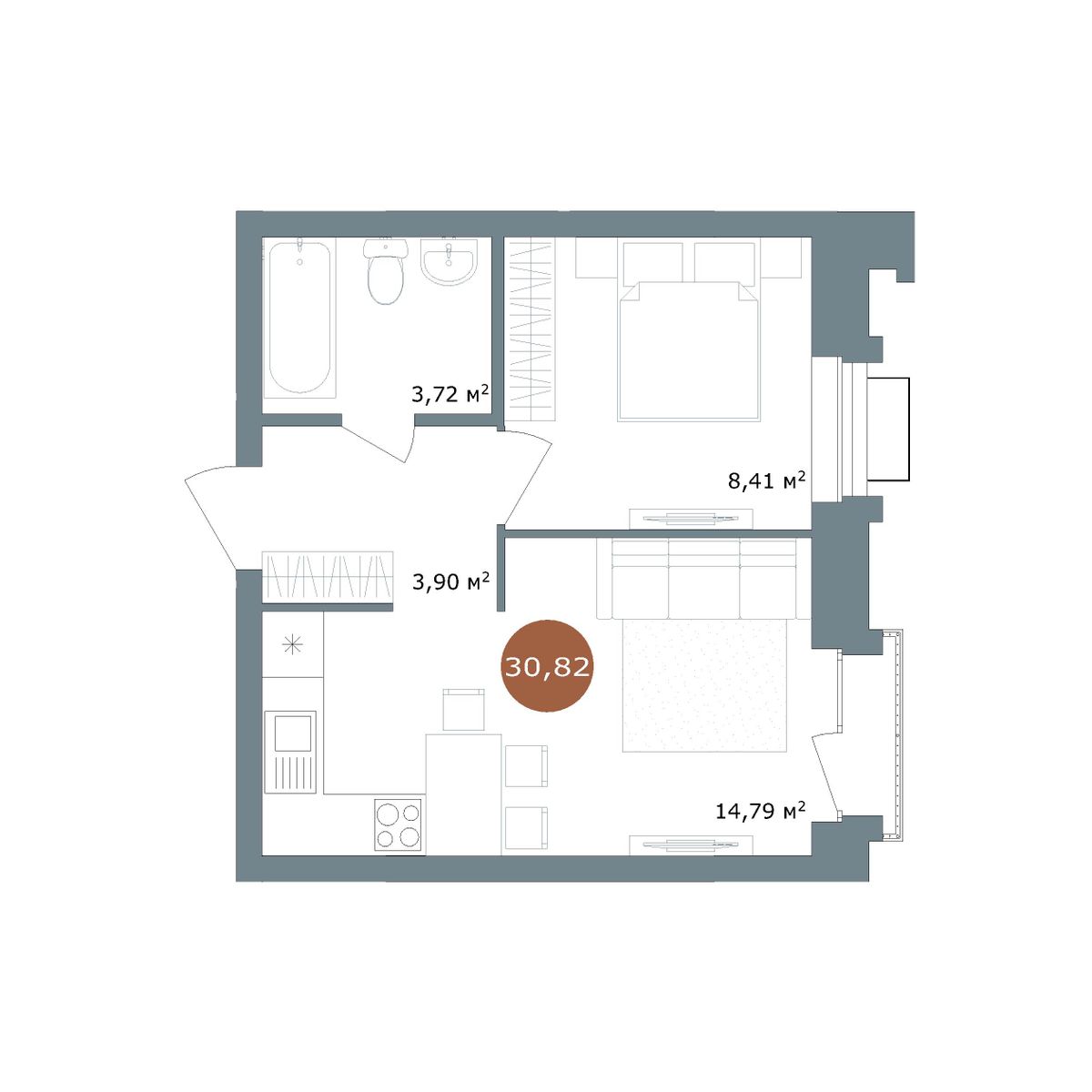 Планировка 1-комнатная 30,8 м²