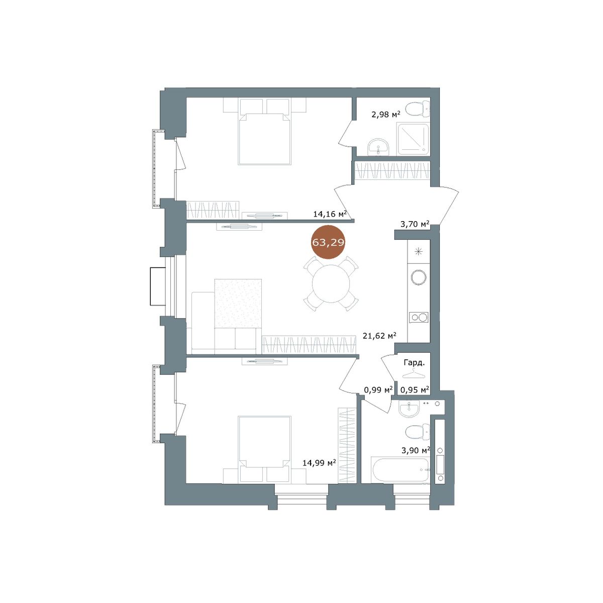 Планировка 2-комнатная 63 м²