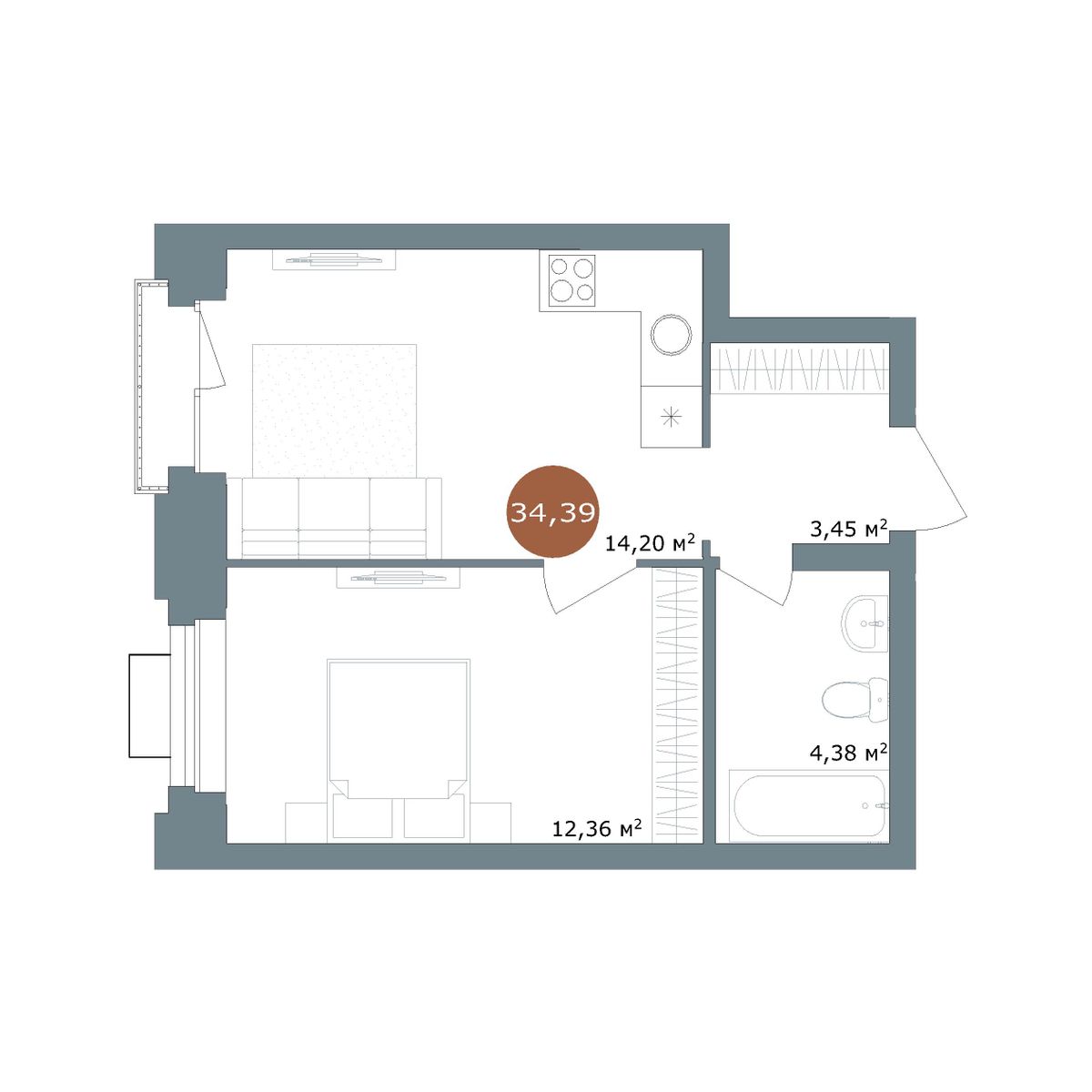 Планировка 1-комнатная 34 м²