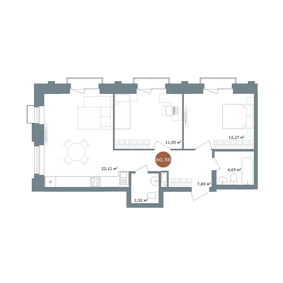 2-комнатная 60,3 м²