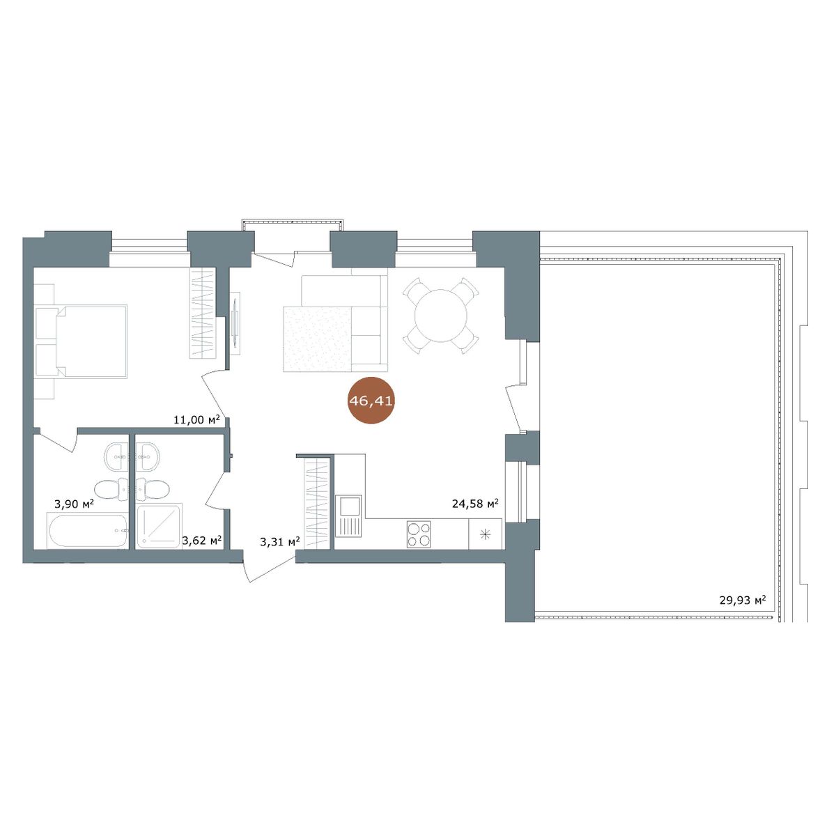 Планировка 2-комнатная 55,6 м²