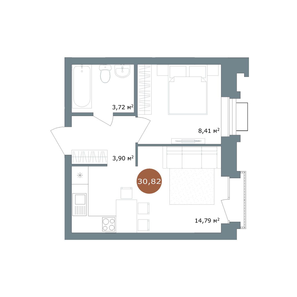 Планировка 1-комнатная 30,8 м²