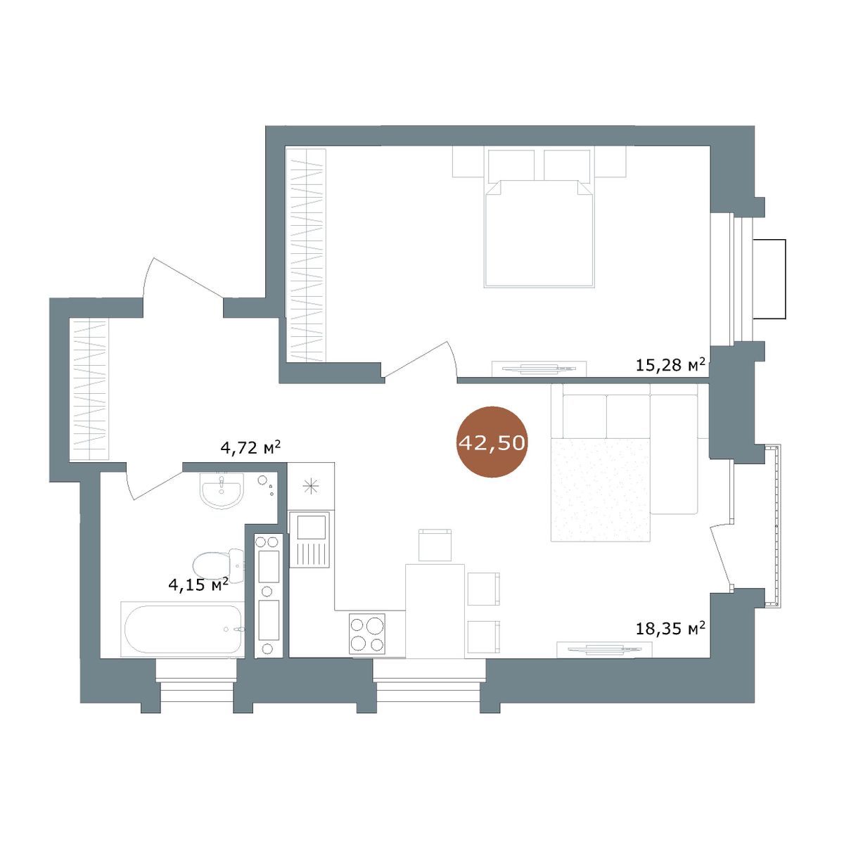 Планировка 1-комнатная 42,8 м²