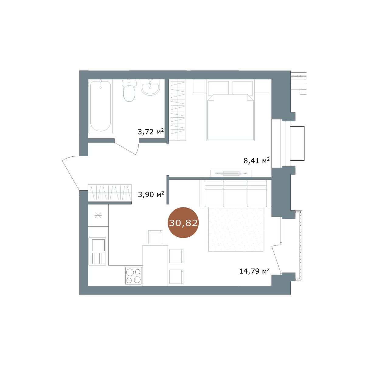 Планировка 1-комнатная 30,8 м²