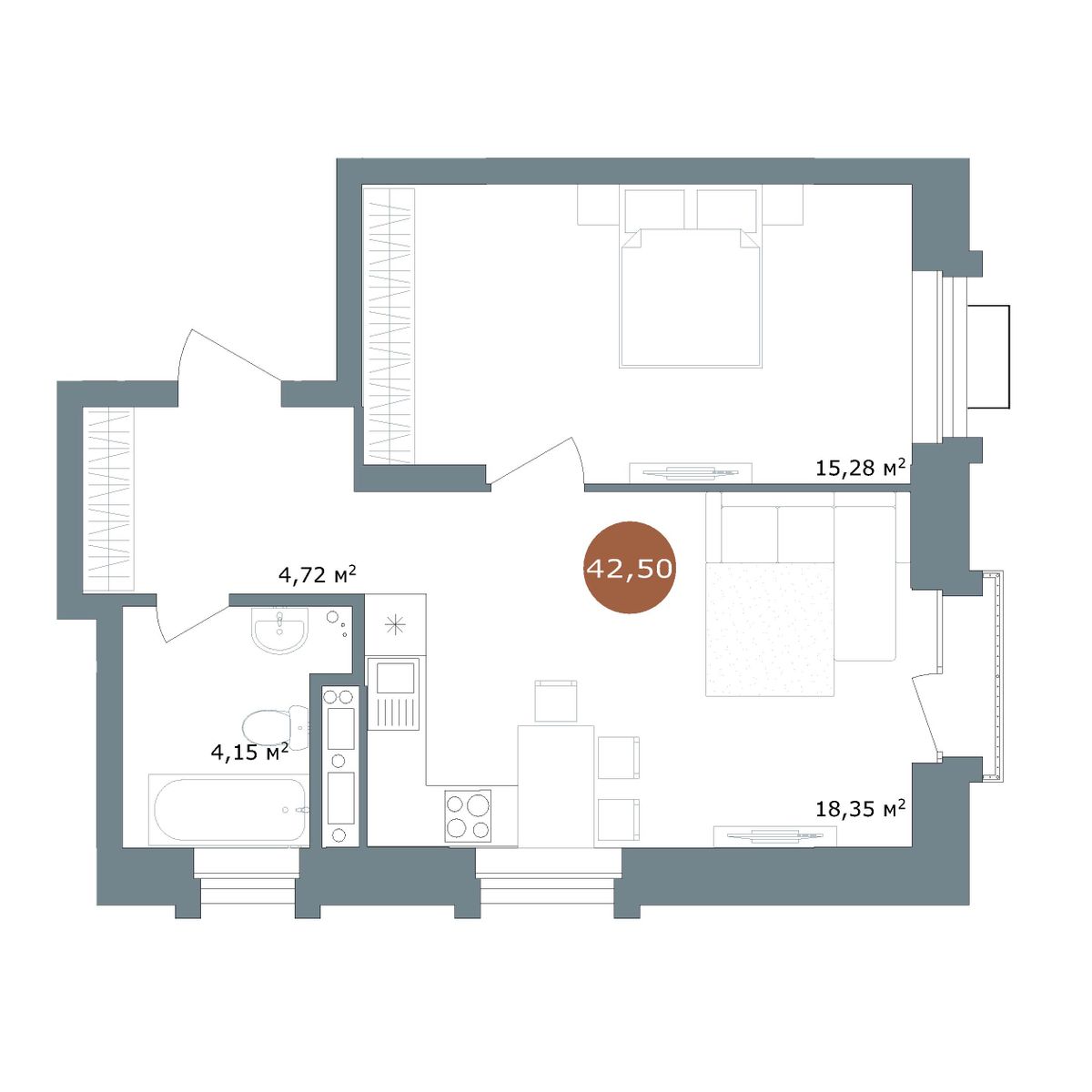 1-комнатная 42,8 м²