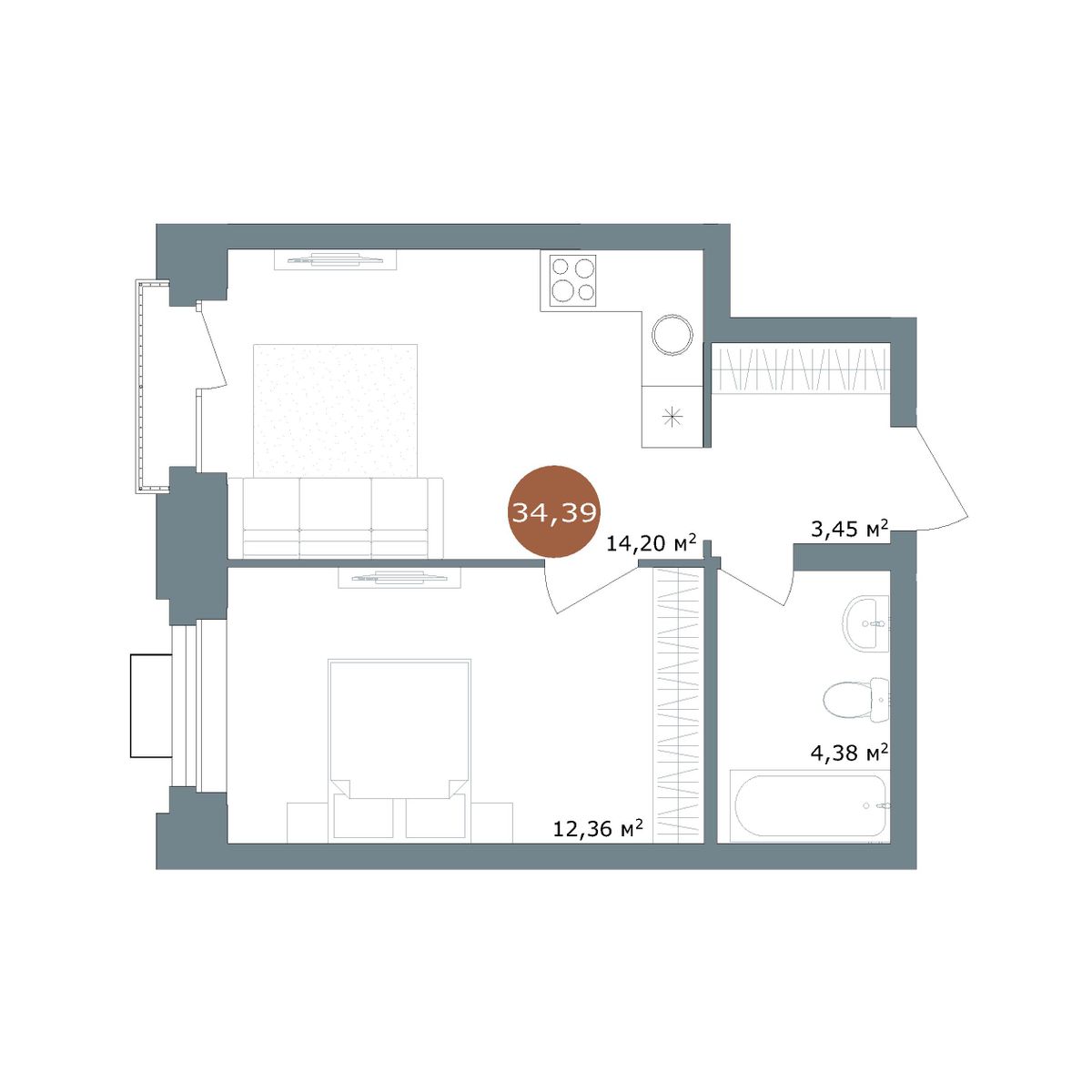 1-комнатная 34 м²