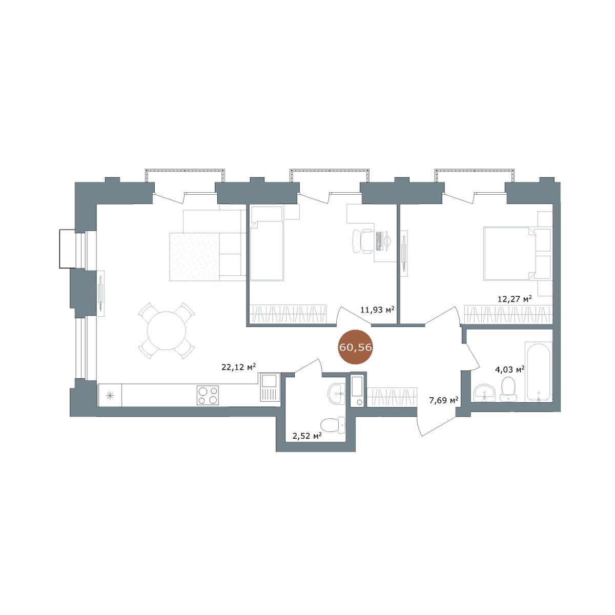 2-комнатная 60,3 м²